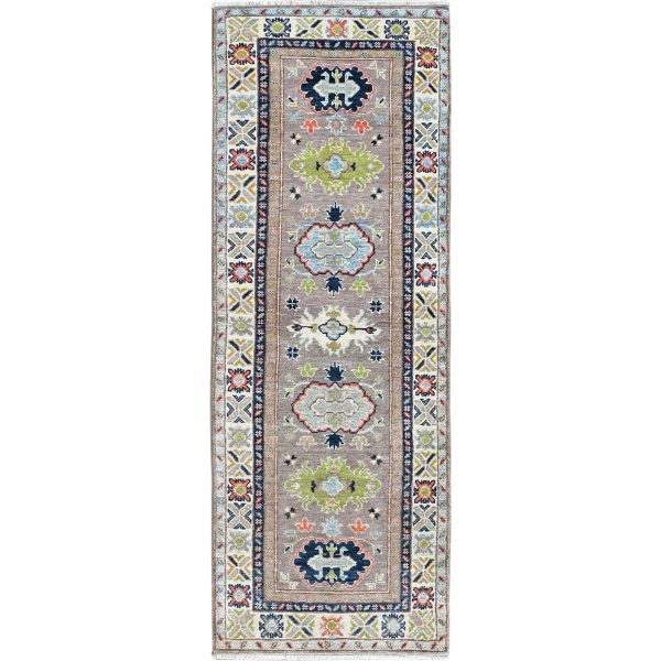 2'1"x5'10" Frost Gray, Kazak with Tribal Medallions Design, Soft and Velvety Wool, Hand Knotted, Denser Weave, Vegetable Dyes, Narrow Runner, Oriental Rug HR489
