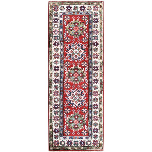 2'1"x6' Berry Red, Kazak with Tribal Medallions Design, Hand Knotted, Soft and Shiny Wool, Denser Weave, Vegetable Dyes, Narrow Runner, Oriental Rug HR500