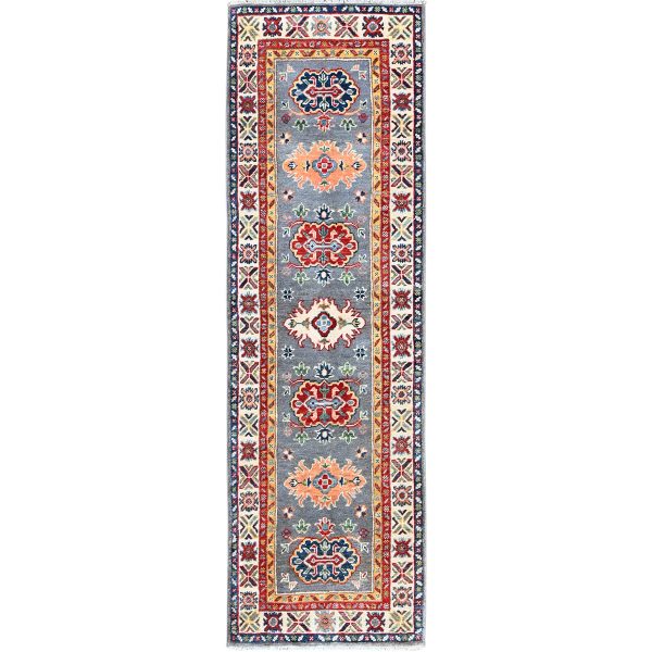 2'x6'6" Dove Gray, Kazak with Tribal Medallions Design, Soft and Velvety Wool, Hand Knotted, Denser Weave, Vegetable Dyes, Narrow Runner, Oriental Rug HR503
