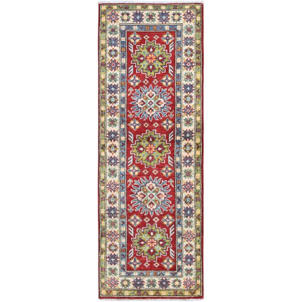 2'x5'10" Crimson Red, Kazak with Tribal Medallions Design, Soft and Shiny Wool, Hand Knotted, Denser Weave, Vegetable Dyes, Narrow Runner, Oriental Rug HR511