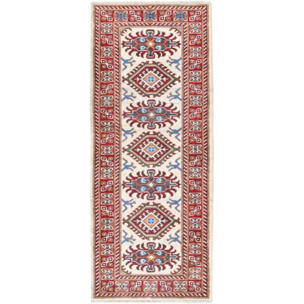 2'x5'10" Chiffon White, Kazak with Tribal Medallions Design, Hand Knotted, Soft and Velvety Wool, Denser Weave, Vegetable Dyes, Narrow Runner, Oriental Rug HR512