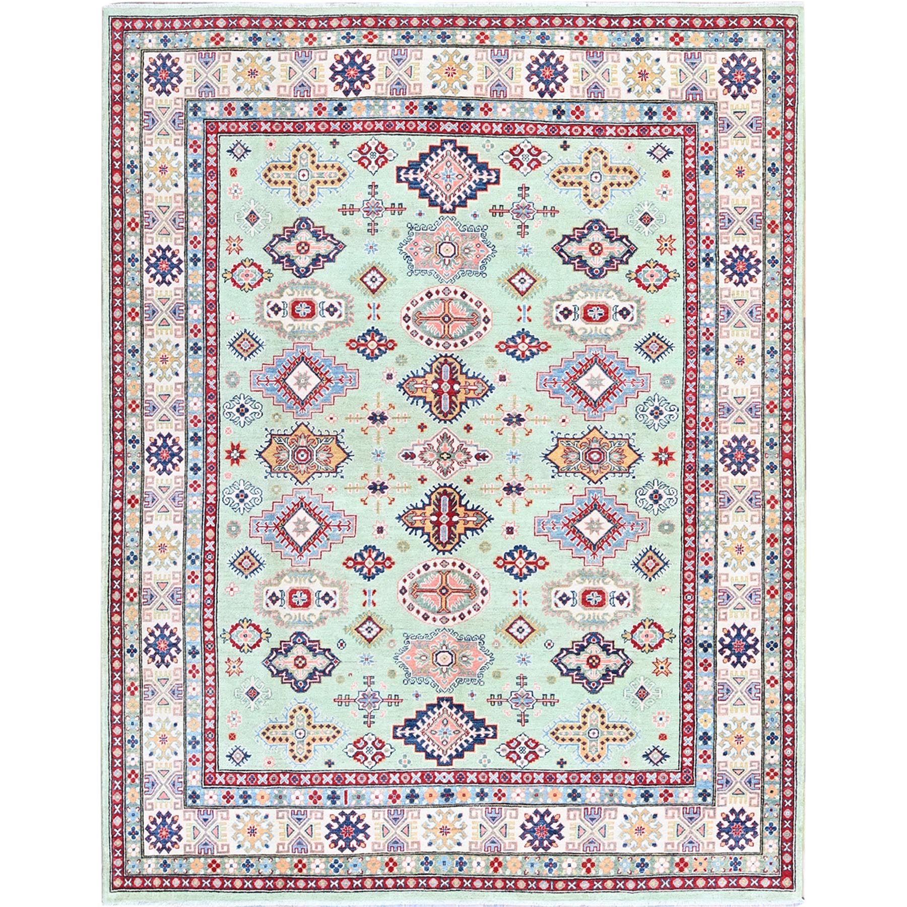 8'x9'10" Pistachio Green, Kazak with Geometric Medallions Design, Soft and Velvety Wool, Hand Knotted, Denser Weave, Vegetable Dyes, Oriental Rug HR517