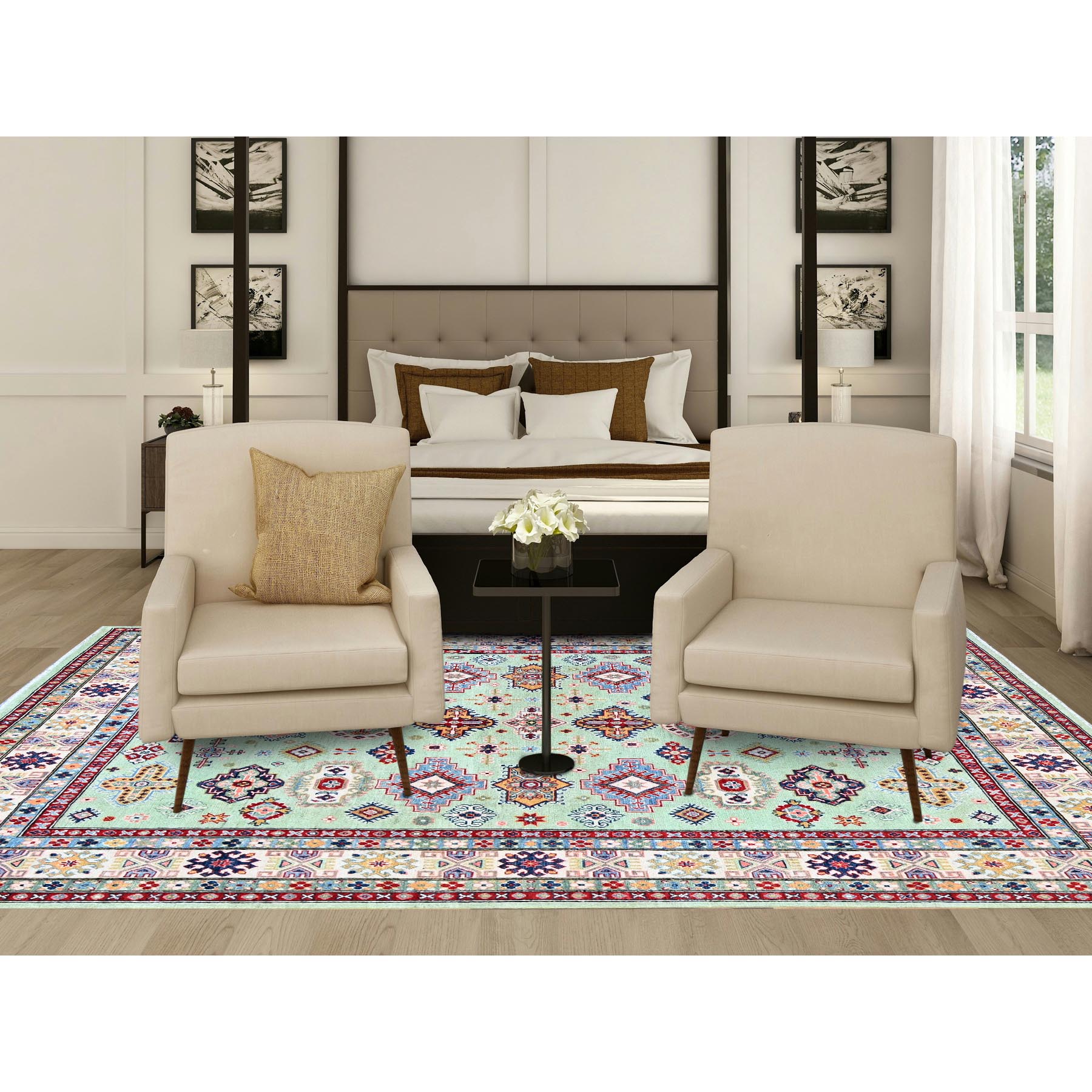 8'x9'10" Pistachio Green, Kazak with Geometric Medallions Design, Soft and Velvety Wool, Hand Knotted, Denser Weave, Vegetable Dyes, Oriental Rug HR517 - Image 2