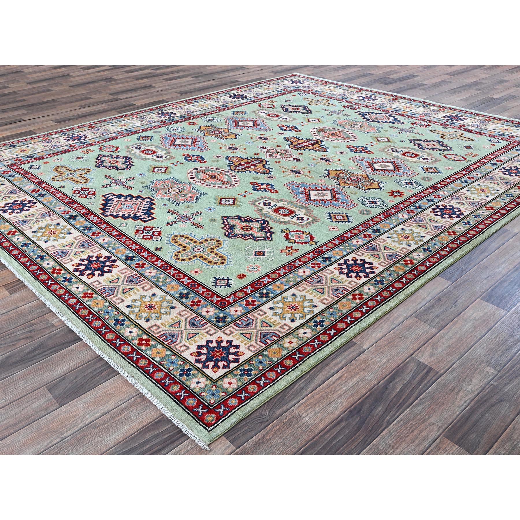 8'x9'10" Pistachio Green, Kazak with Geometric Medallions Design, Soft and Velvety Wool, Hand Knotted, Denser Weave, Vegetable Dyes, Oriental Rug HR517 - Image 4