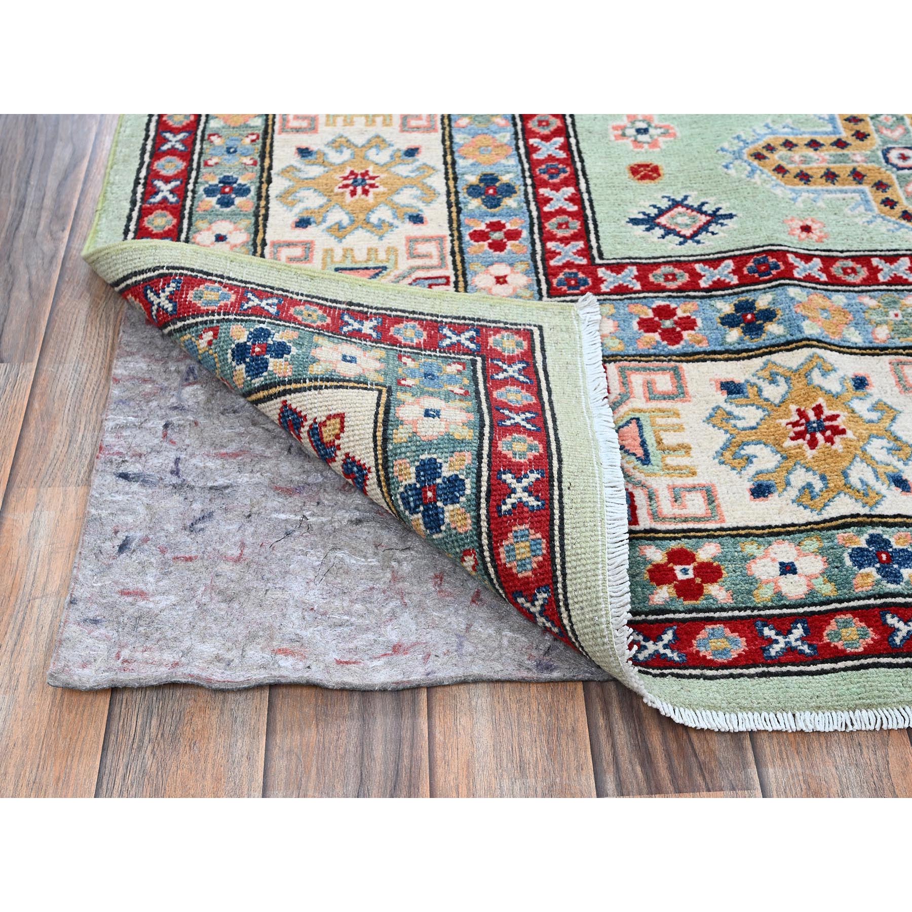 8'x9'10" Pistachio Green, Kazak with Geometric Medallions Design, Soft and Velvety Wool, Hand Knotted, Denser Weave, Vegetable Dyes, Oriental Rug HR517 - Image 5