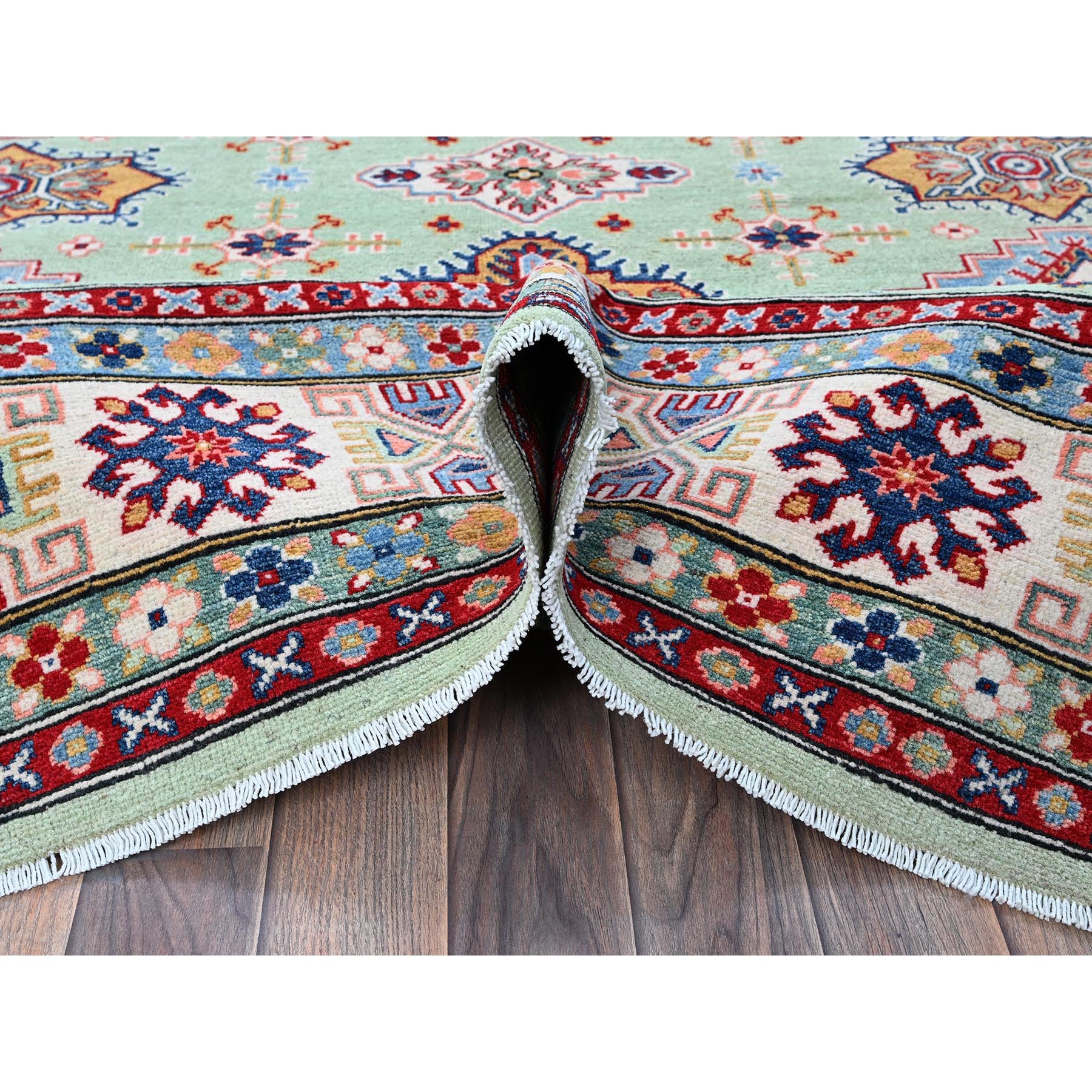 8'x9'10" Pistachio Green, Kazak with Geometric Medallions Design, Soft and Velvety Wool, Hand Knotted, Denser Weave, Vegetable Dyes, Oriental Rug HR517 - Image 6