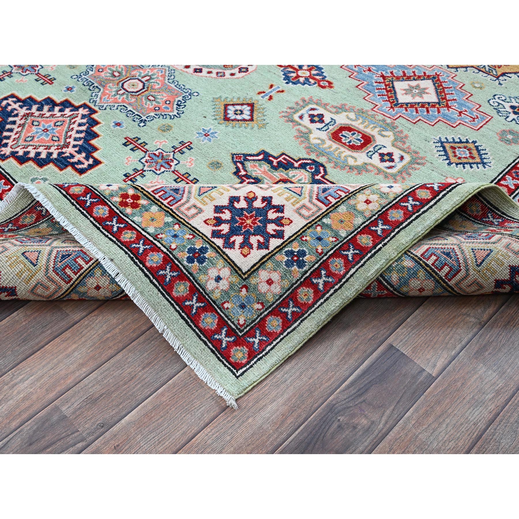 8'x9'10" Pistachio Green, Kazak with Geometric Medallions Design, Soft and Velvety Wool, Hand Knotted, Denser Weave, Vegetable Dyes, Oriental Rug HR517 - Image 7
