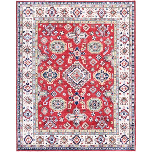 8'2"x10'2" Crimson Red, Kazak with Geometric Medallions Design, Soft and Velvety Wool, Hand Knotted, Denser Weave, Vegetable Dyes, Oriental Rug HR518