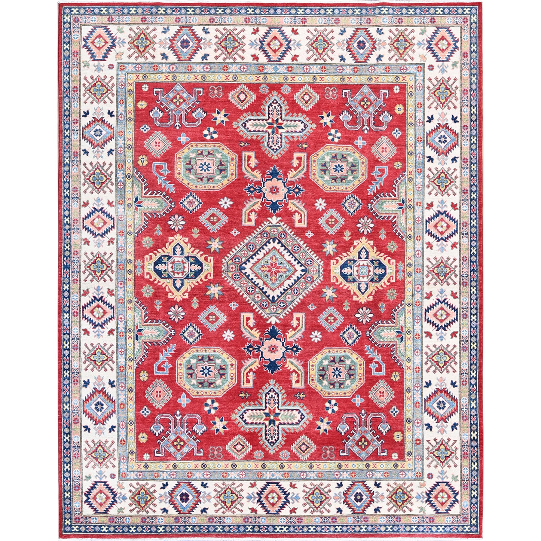 8'2"x10'2" Crimson Red, Kazak with Geometric Medallions Design, Soft and Velvety Wool, Hand Knotted, Denser Weave, Vegetable Dyes, Oriental Rug HR518