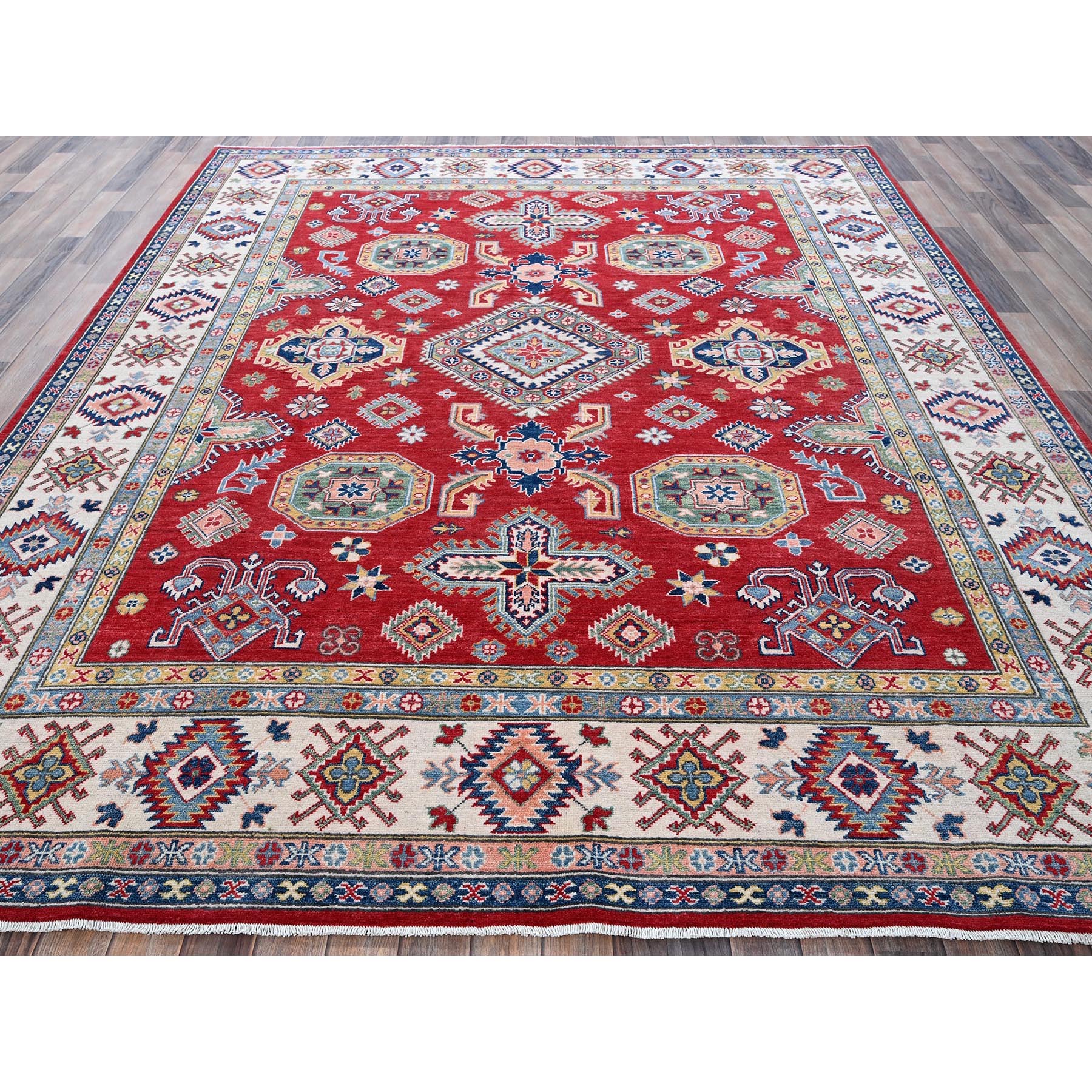 8'2"x10'2" Crimson Red, Kazak with Geometric Medallions Design, Soft and Velvety Wool, Hand Knotted, Denser Weave, Vegetable Dyes, Oriental Rug HR518 - Image 3