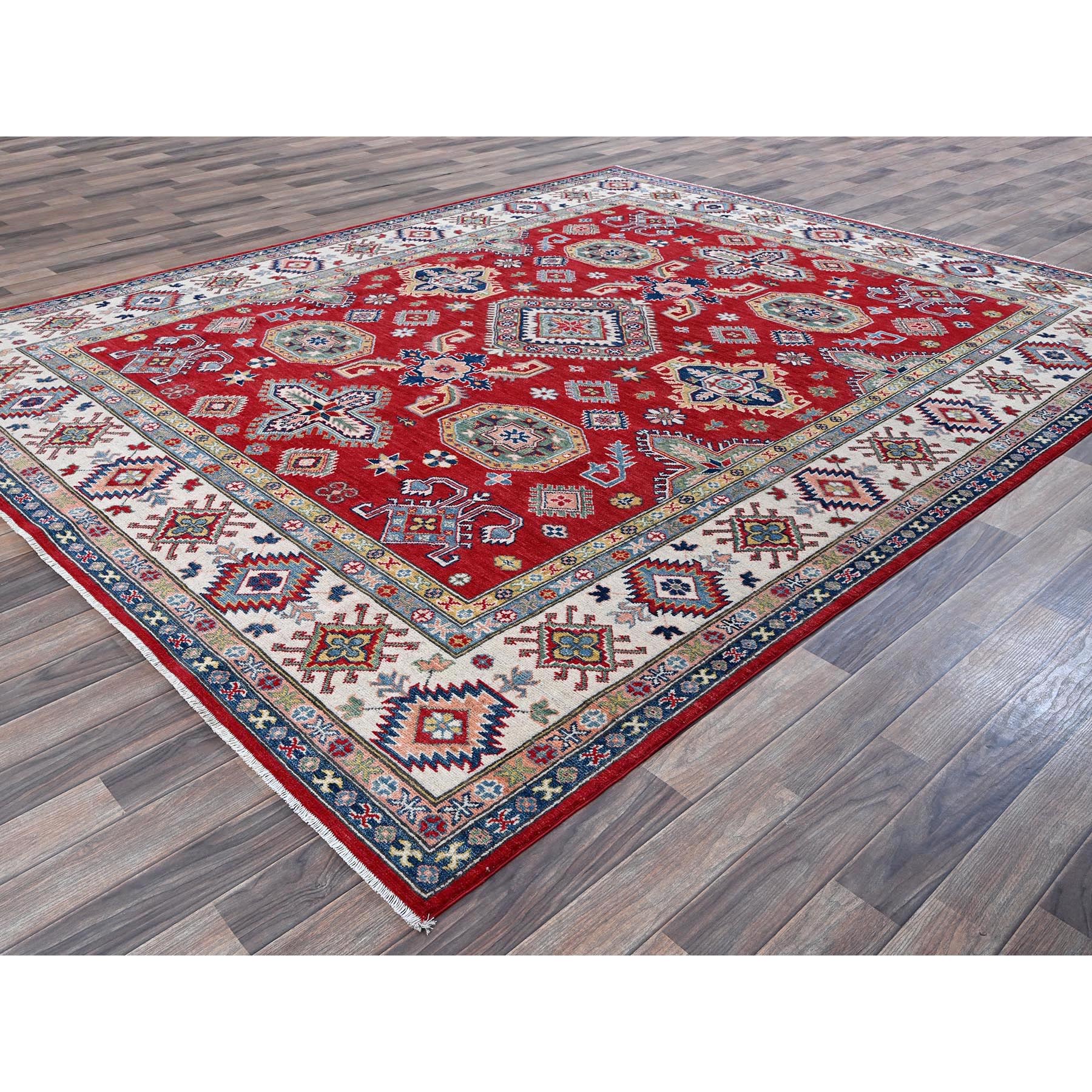 8'2"x10'2" Crimson Red, Kazak with Geometric Medallions Design, Soft and Velvety Wool, Hand Knotted, Denser Weave, Vegetable Dyes, Oriental Rug HR518 - Image 4
