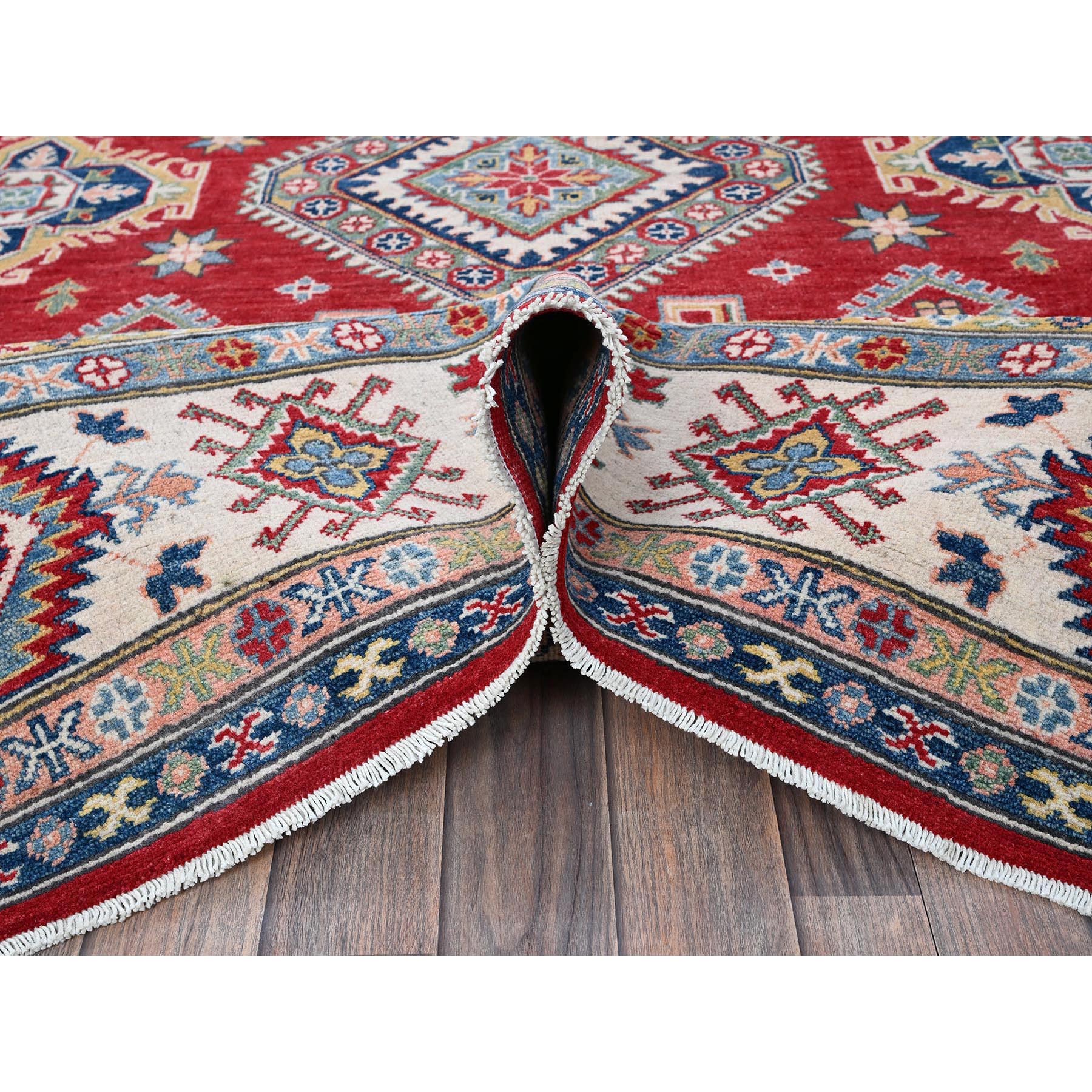 8'2"x10'2" Crimson Red, Kazak with Geometric Medallions Design, Soft and Velvety Wool, Hand Knotted, Denser Weave, Vegetable Dyes, Oriental Rug HR518 - Image 6