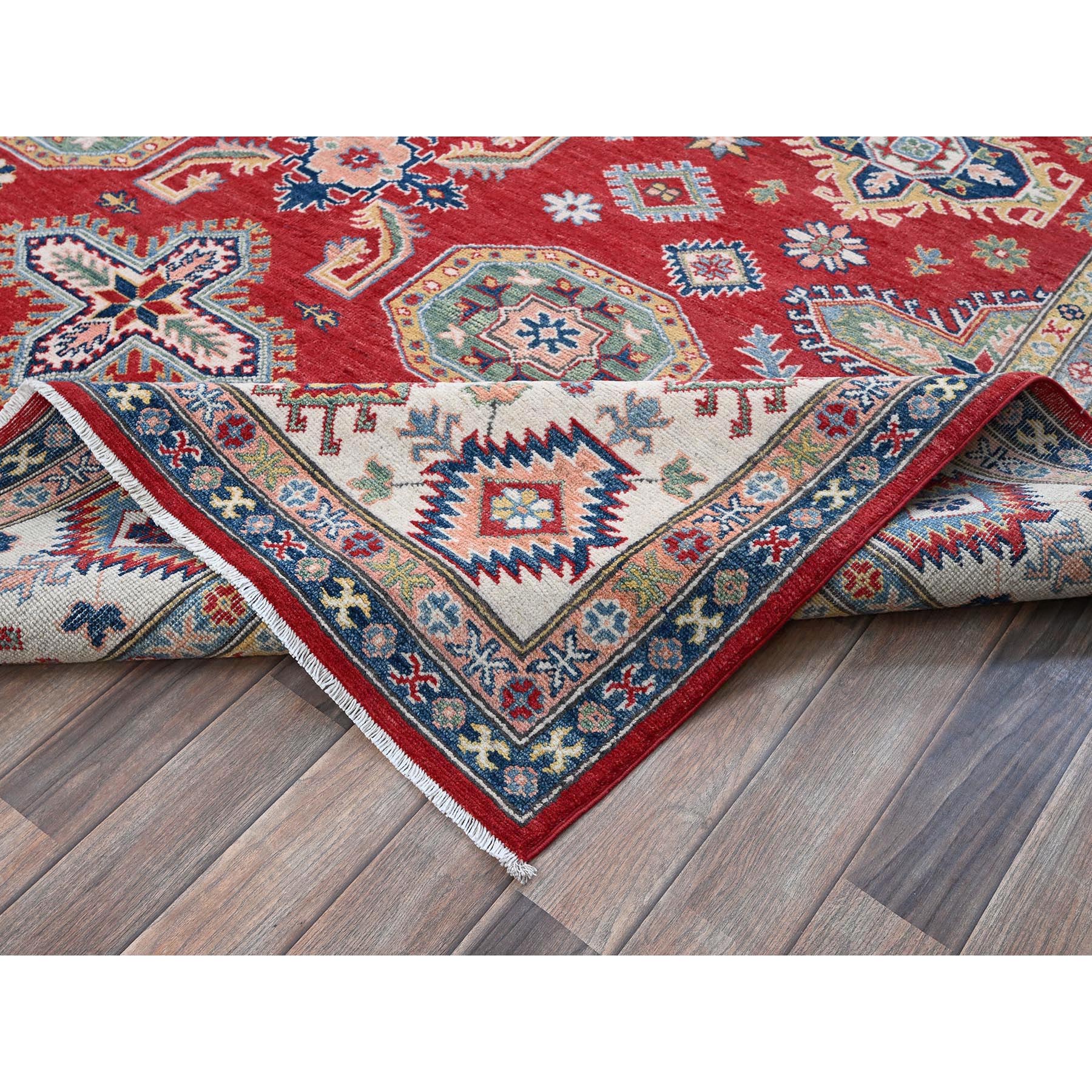 8'2"x10'2" Crimson Red, Kazak with Geometric Medallions Design, Soft and Velvety Wool, Hand Knotted, Denser Weave, Vegetable Dyes, Oriental Rug HR518 - Image 7