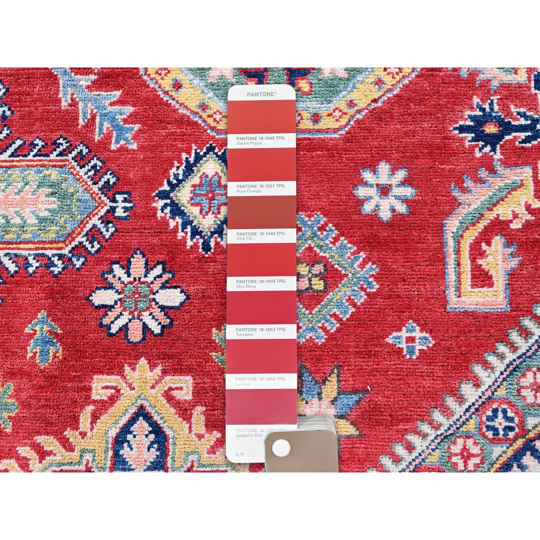 8'2"x10'2" Crimson Red, Kazak with Geometric Medallions Design, Soft and Velvety Wool, Hand Knotted, Denser Weave, Vegetable Dyes, Oriental Rug HR518 - Image 8