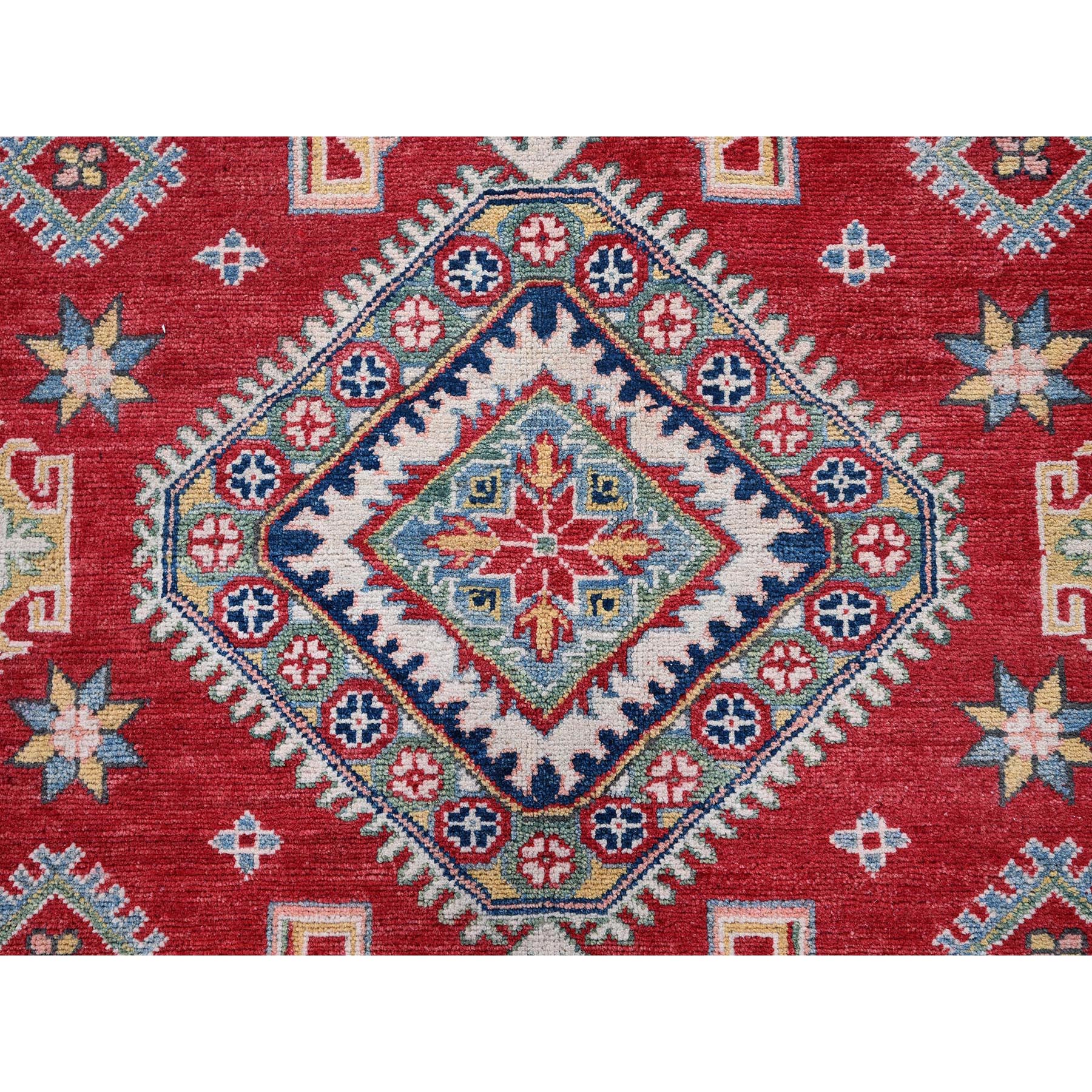 8'2"x10'2" Crimson Red, Kazak with Geometric Medallions Design, Soft and Velvety Wool, Hand Knotted, Denser Weave, Vegetable Dyes, Oriental Rug HR518 - Image 9