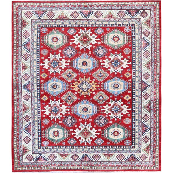 8'2"x9'8" Angels Red, Kazak with Geometric Medallions Design, Soft and Velvety Wool, Hand Knotted, Denser Weave, Vegetable Dyes, Oriental Rug HR522