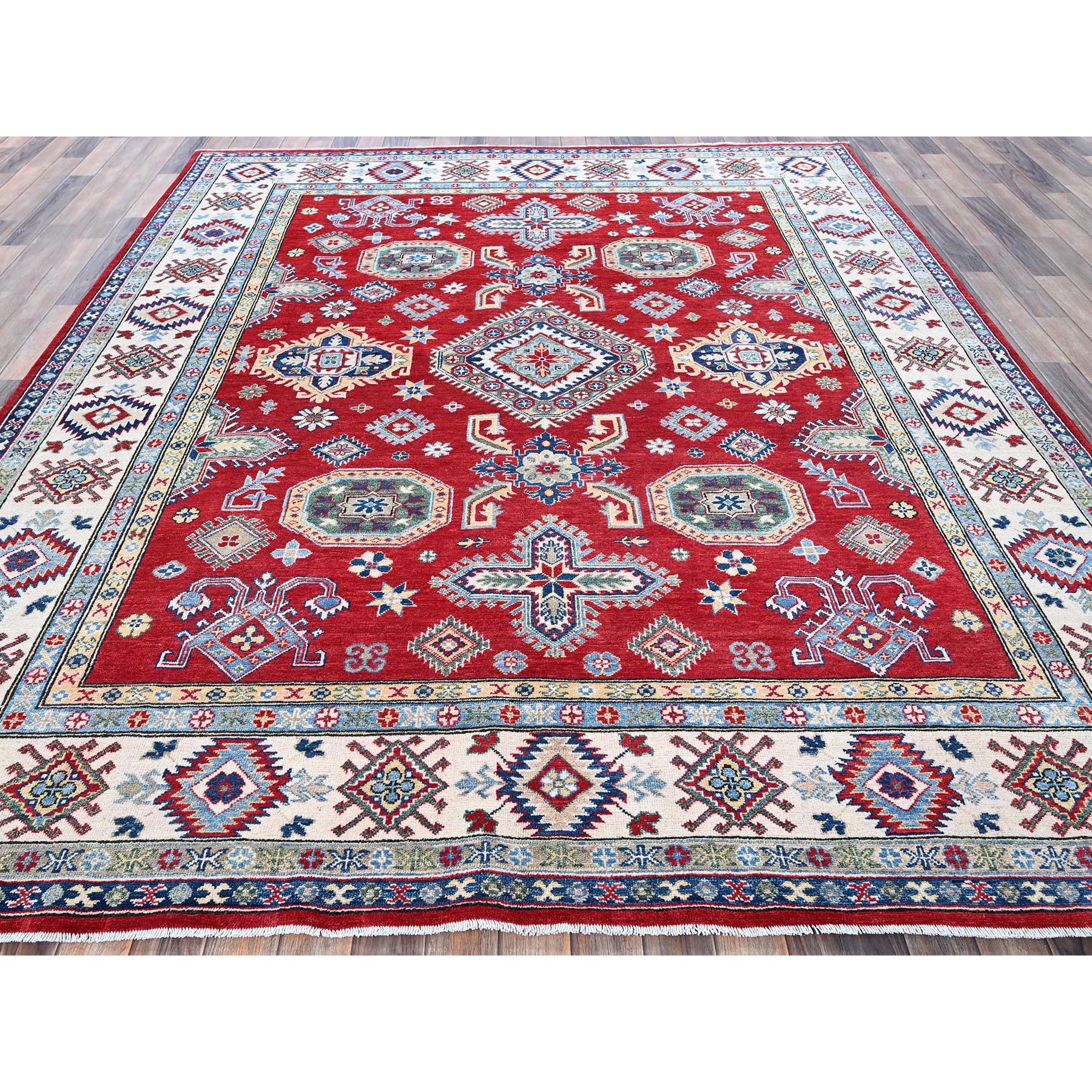 8'2"x9'9" Crimson Red, Kazak with Geometric Medallions Design, Denser Weave, Soft and Velvety Wool, Hand Knotted, Vegetable Dyes, Oriental Rug HR523 - Image 3