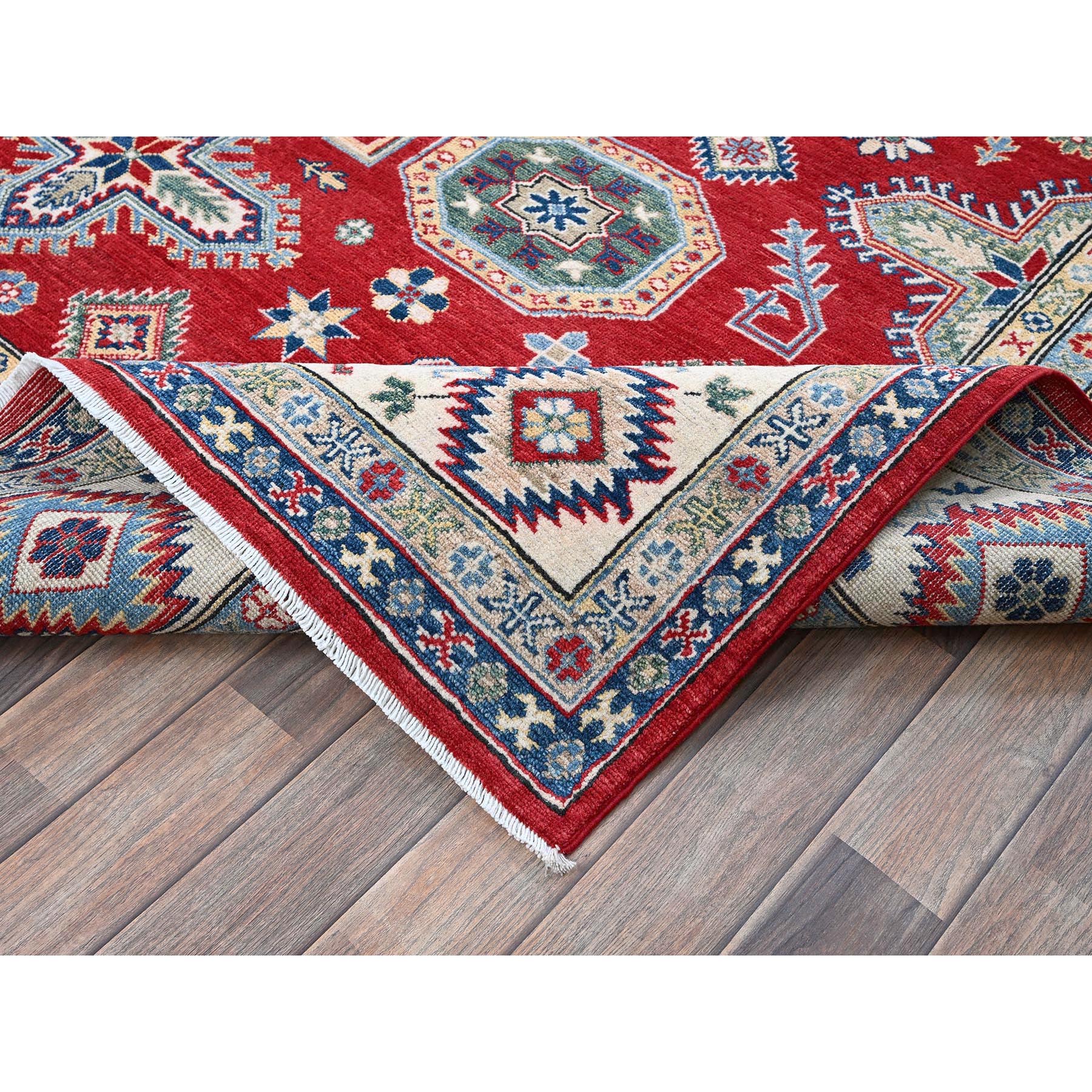 8'2"x9'9" Crimson Red, Kazak with Geometric Medallions Design, Denser Weave, Soft and Velvety Wool, Hand Knotted, Vegetable Dyes, Oriental Rug HR523 - Image 7