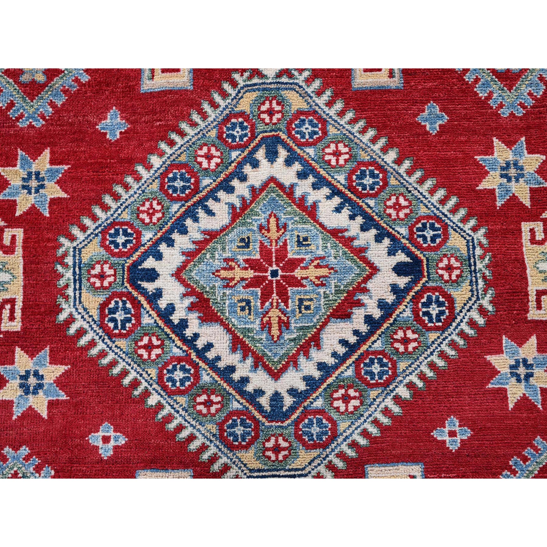 8'2"x9'9" Crimson Red, Kazak with Geometric Medallions Design, Denser Weave, Soft and Velvety Wool, Hand Knotted, Vegetable Dyes, Oriental Rug HR523 - Image 9