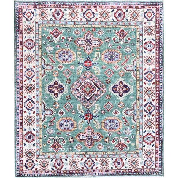8'x9'7" Mint Green, Kazak with Geometric Pattern, Hand Knotted, Denser Weave, Soft and Velvety Wool, Vegetable Dyes, Oriental Rug HR524