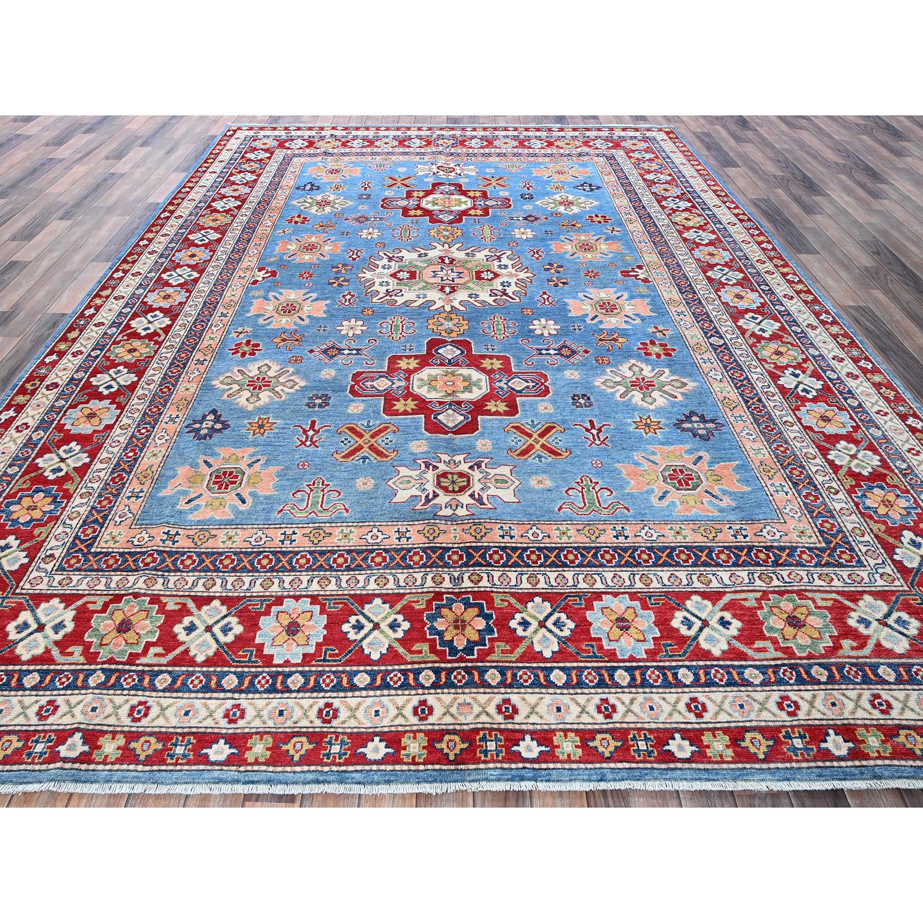 8'9"x12'1" Maya Blue, Kazak with Tribal Medallions Design, Hand Knotted, Soft and Shiny Wool, Denser Weave, Vegetable Dyes, Oriental Rug HR525 - Image 3