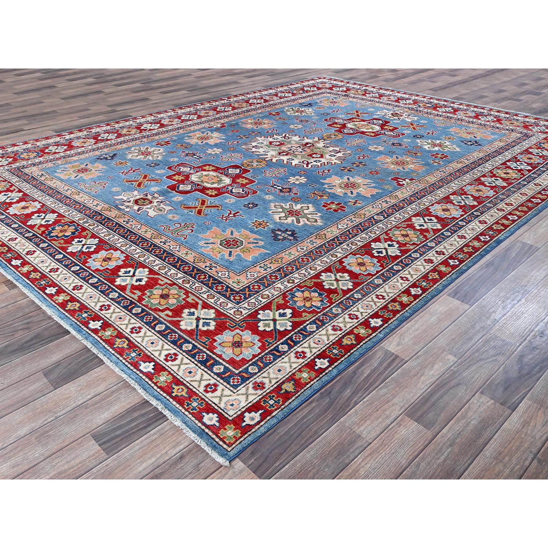 8'9"x12'1" Maya Blue, Kazak with Tribal Medallions Design, Hand Knotted, Soft and Shiny Wool, Denser Weave, Vegetable Dyes, Oriental Rug HR525 - Image 4