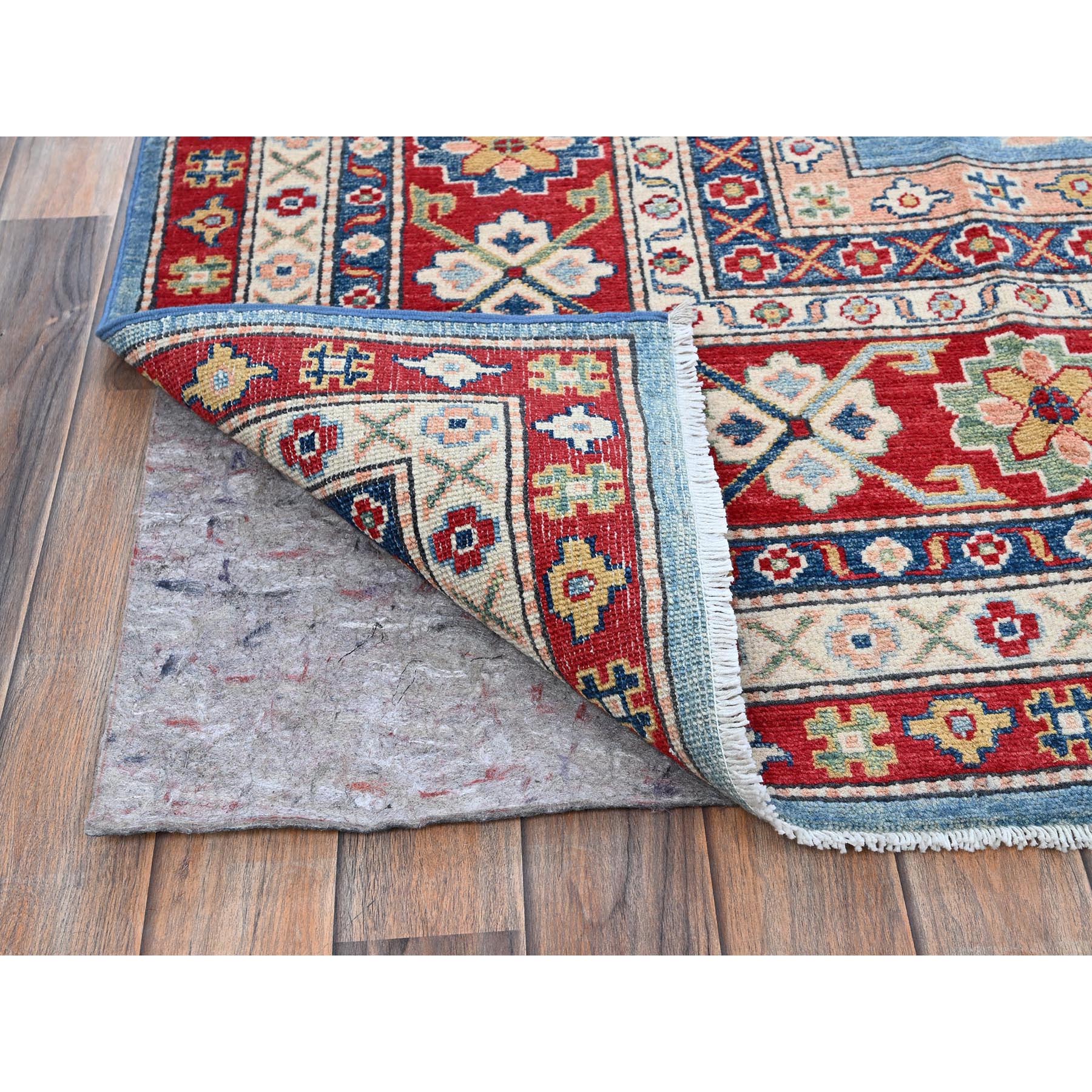 8'9"x12'1" Maya Blue, Kazak with Tribal Medallions Design, Hand Knotted, Soft and Shiny Wool, Denser Weave, Vegetable Dyes, Oriental Rug HR525 - Image 5