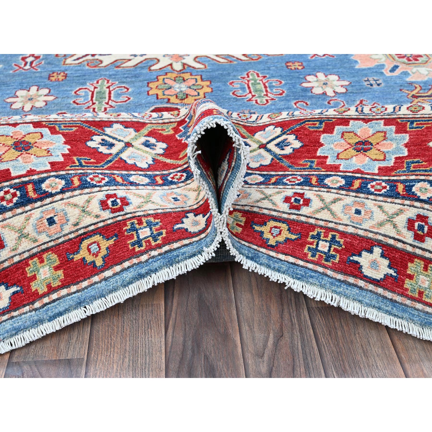 8'9"x12'1" Maya Blue, Kazak with Tribal Medallions Design, Hand Knotted, Soft and Shiny Wool, Denser Weave, Vegetable Dyes, Oriental Rug HR525 - Image 6