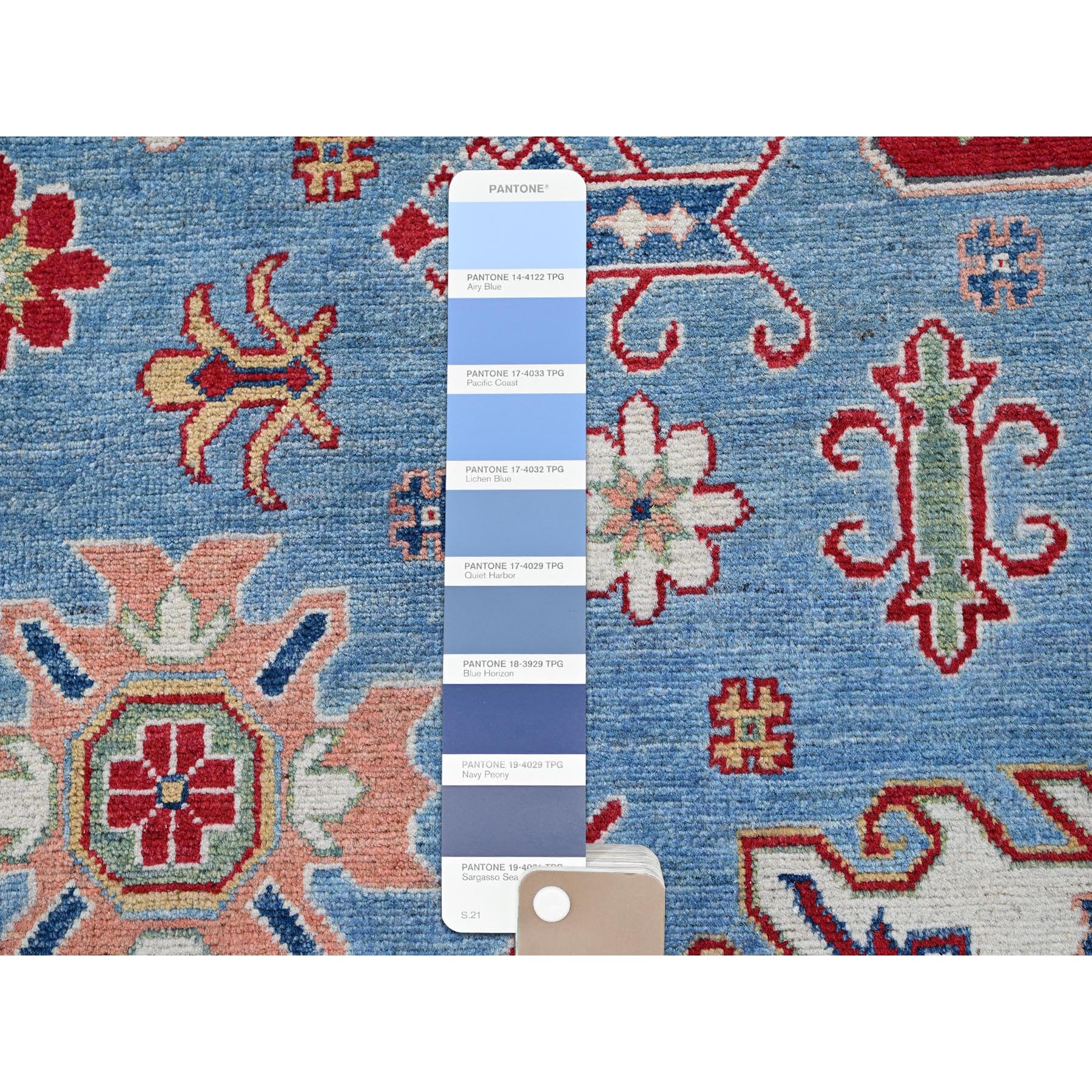 8'9"x12'1" Maya Blue, Kazak with Tribal Medallions Design, Hand Knotted, Soft and Shiny Wool, Denser Weave, Vegetable Dyes, Oriental Rug HR525 - Image 8