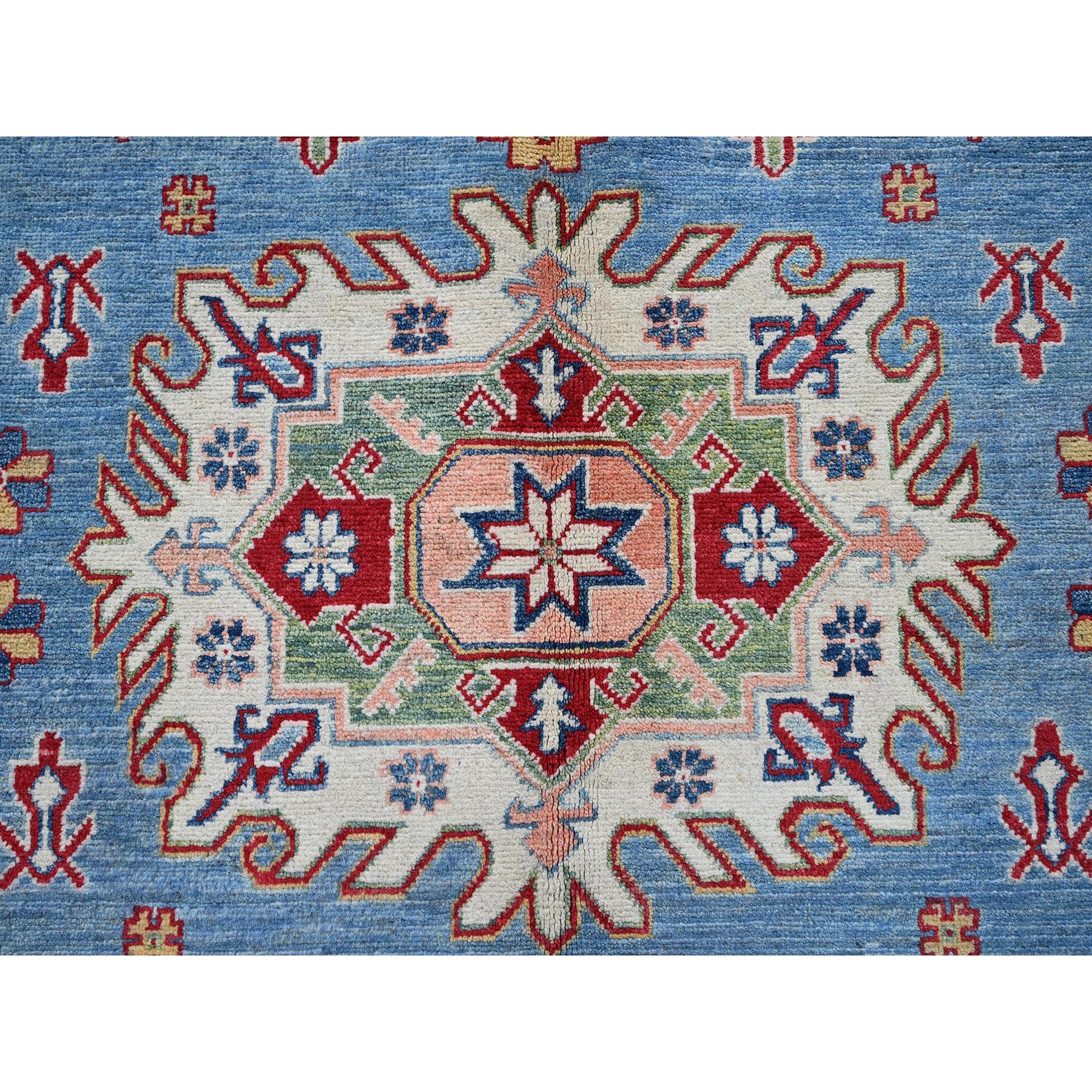 8'9"x12'1" Maya Blue, Kazak with Tribal Medallions Design, Hand Knotted, Soft and Shiny Wool, Denser Weave, Vegetable Dyes, Oriental Rug HR525 - Image 9