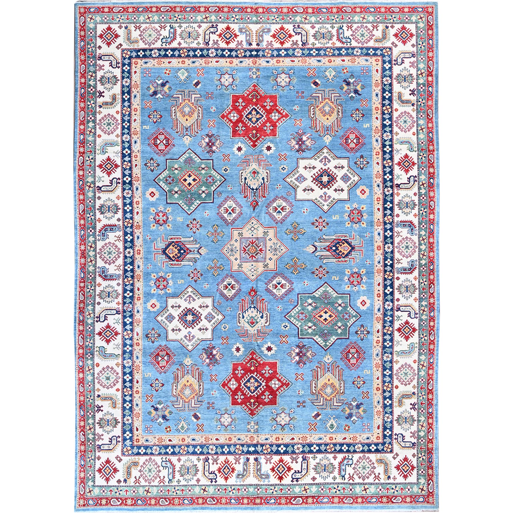 9'9"x14' Lichen Blue, Kazak with Star Medallions Design, Hand Knotted, Denser Weave, Soft and Shiny Wool, Vegetable Dyes, Oriental Rug HR528