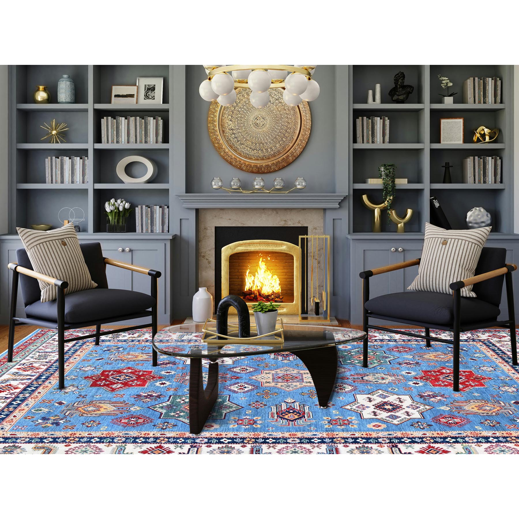 9'9"x14' Lichen Blue, Kazak with Star Medallions Design, Hand Knotted, Denser Weave, Soft and Shiny Wool, Vegetable Dyes, Oriental Rug HR528 - Image 2