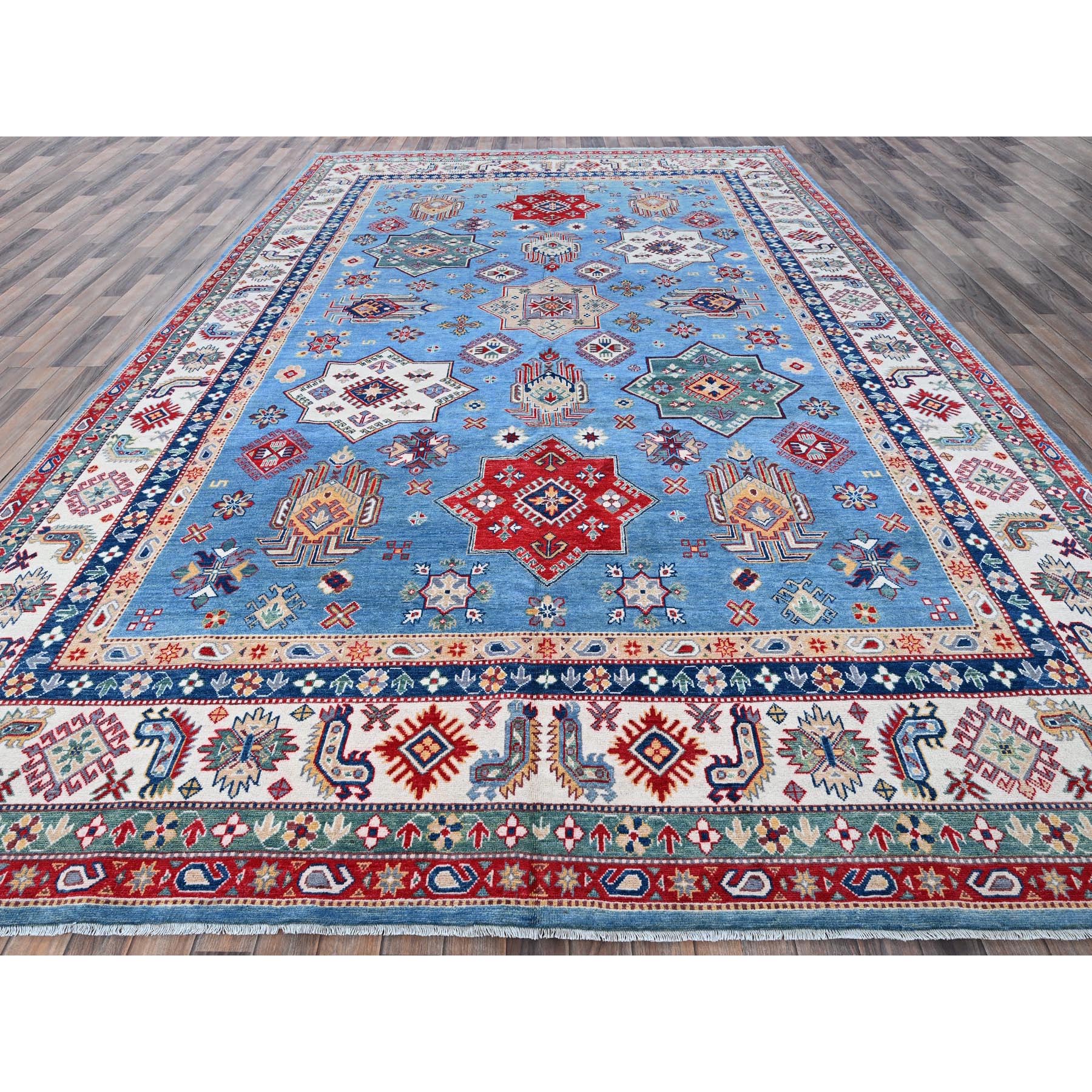 9'9"x14' Lichen Blue, Kazak with Star Medallions Design, Hand Knotted, Denser Weave, Soft and Shiny Wool, Vegetable Dyes, Oriental Rug HR528 - Image 3