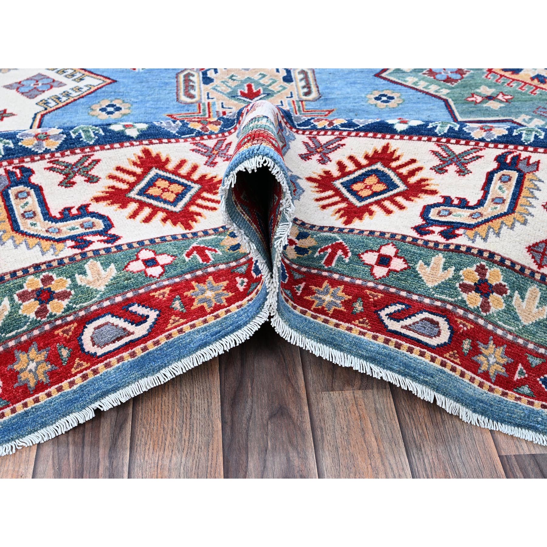 9'9"x14' Lichen Blue, Kazak with Star Medallions Design, Hand Knotted, Denser Weave, Soft and Shiny Wool, Vegetable Dyes, Oriental Rug HR528 - Image 6
