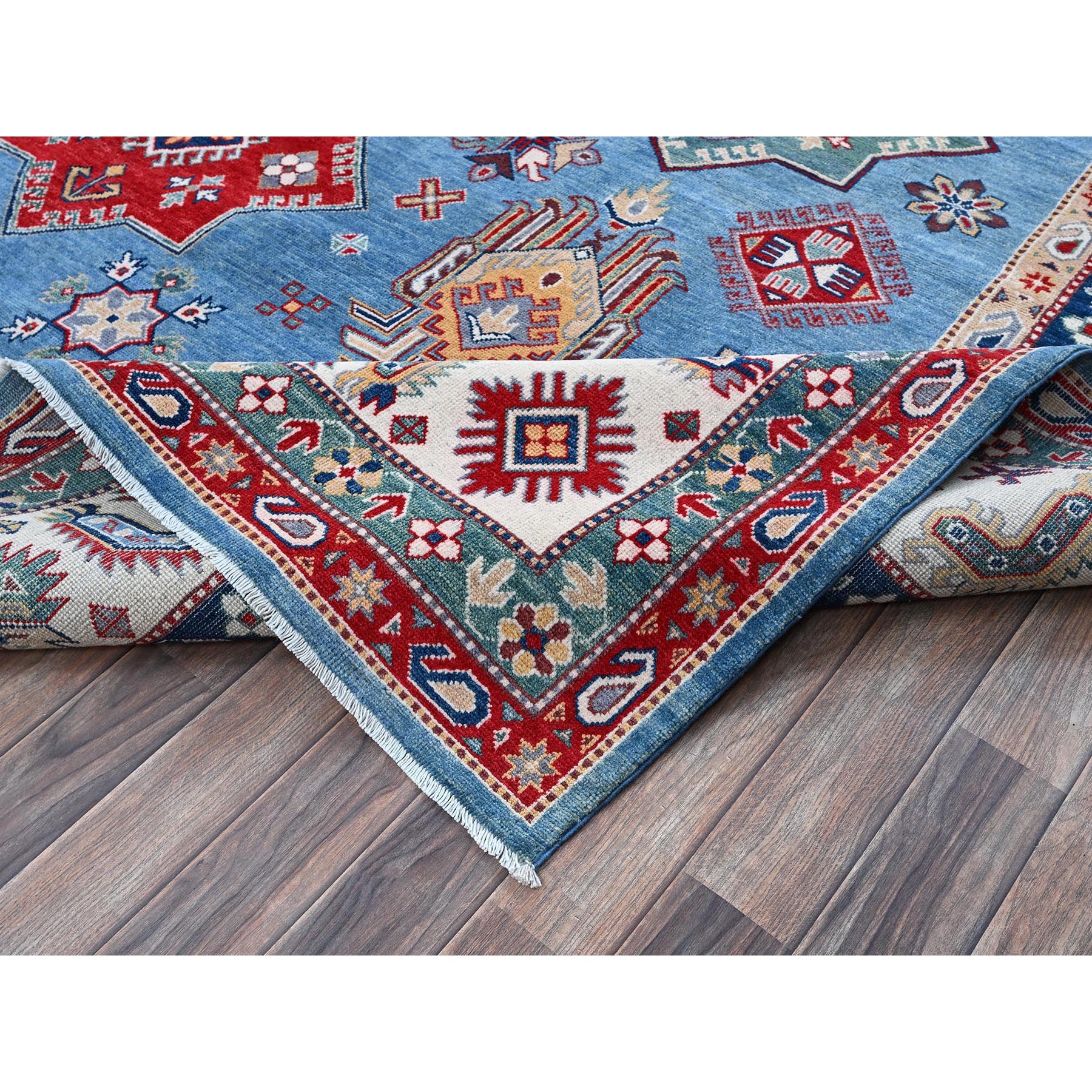9'9"x14' Lichen Blue, Kazak with Star Medallions Design, Hand Knotted, Denser Weave, Soft and Shiny Wool, Vegetable Dyes, Oriental Rug HR528 - Image 7