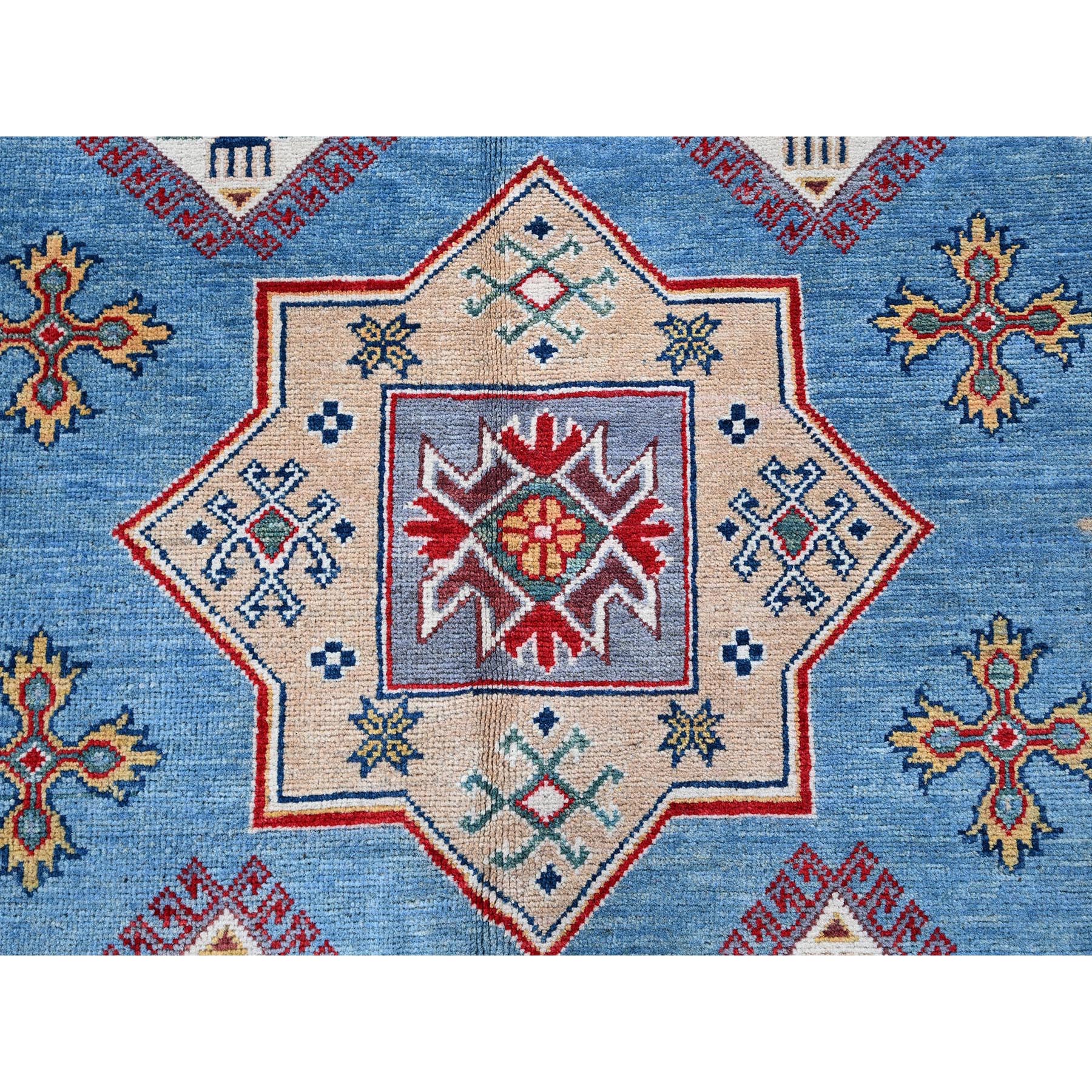 9'9"x14' Lichen Blue, Kazak with Star Medallions Design, Hand Knotted, Denser Weave, Soft and Shiny Wool, Vegetable Dyes, Oriental Rug HR528 - Image 9