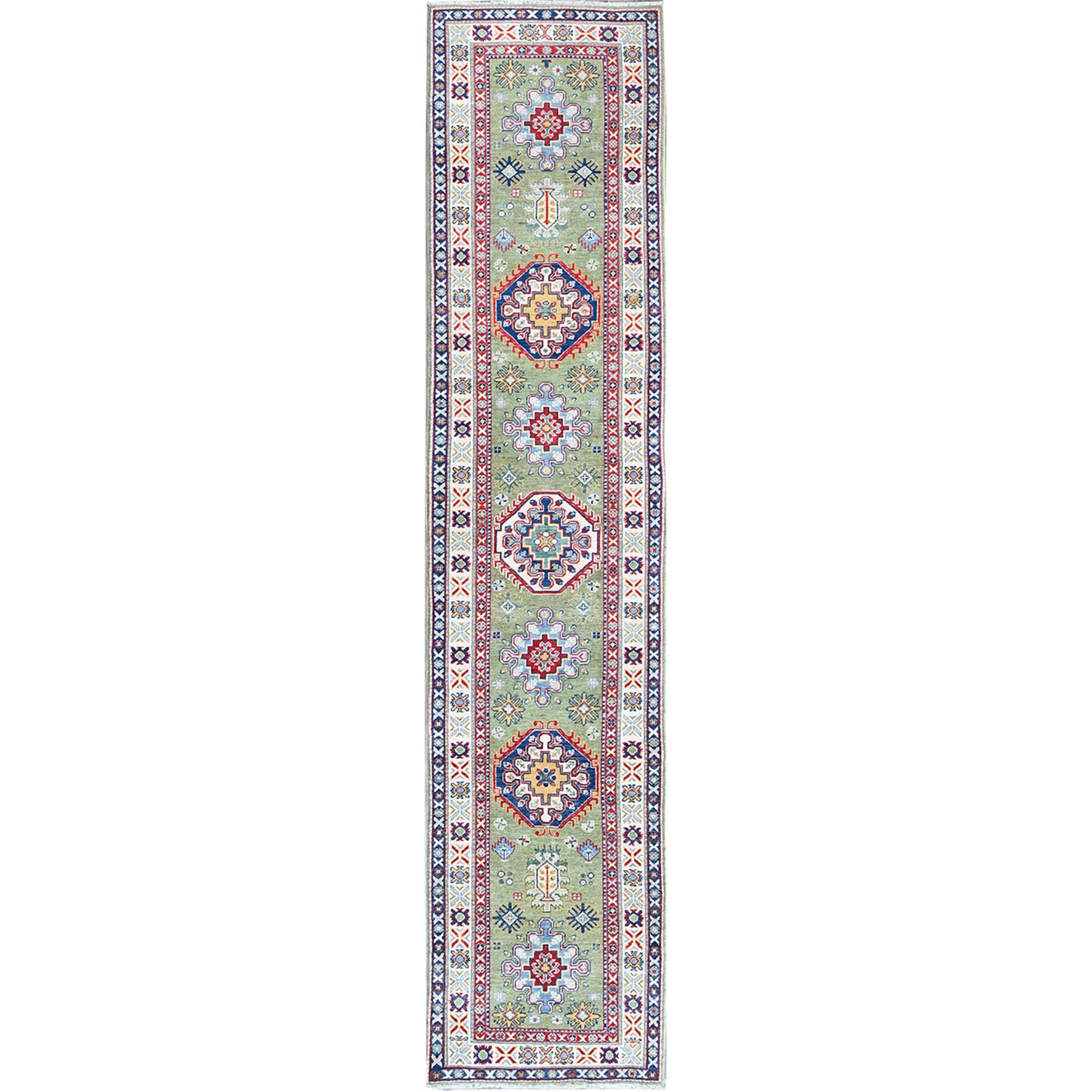 2'9"x12'9" Cedar Green, Kazak with Tribal Medallions Design, Hand Knotted, Soft and Velvety Wool, Denser Weave, Vegetable Dyes, Runner, Oriental Rug HR541