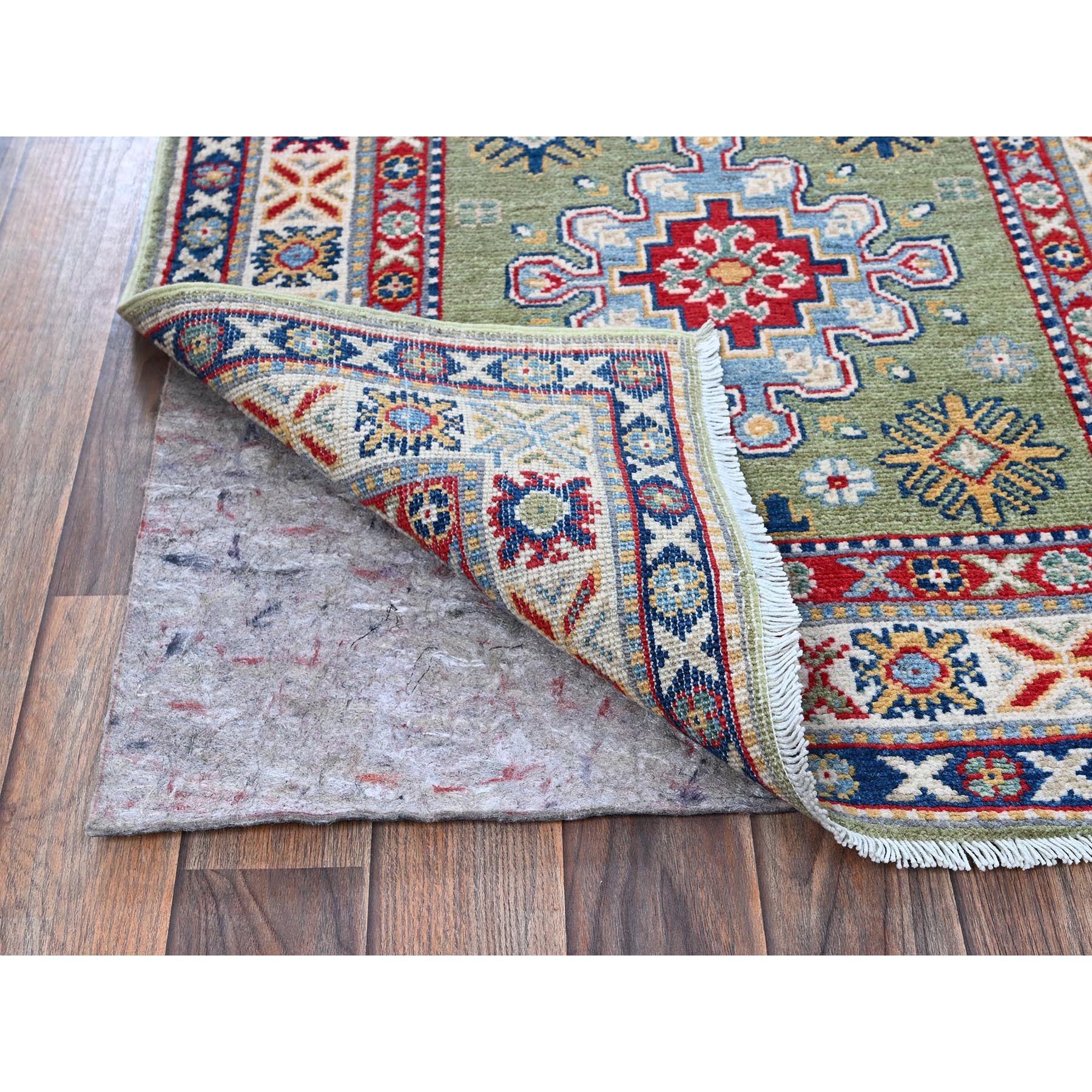 2'9"x12'9" Cedar Green, Kazak with Tribal Medallions Design, Hand Knotted, Soft and Velvety Wool, Denser Weave, Vegetable Dyes, Runner, Oriental Rug HR541 - Image 3