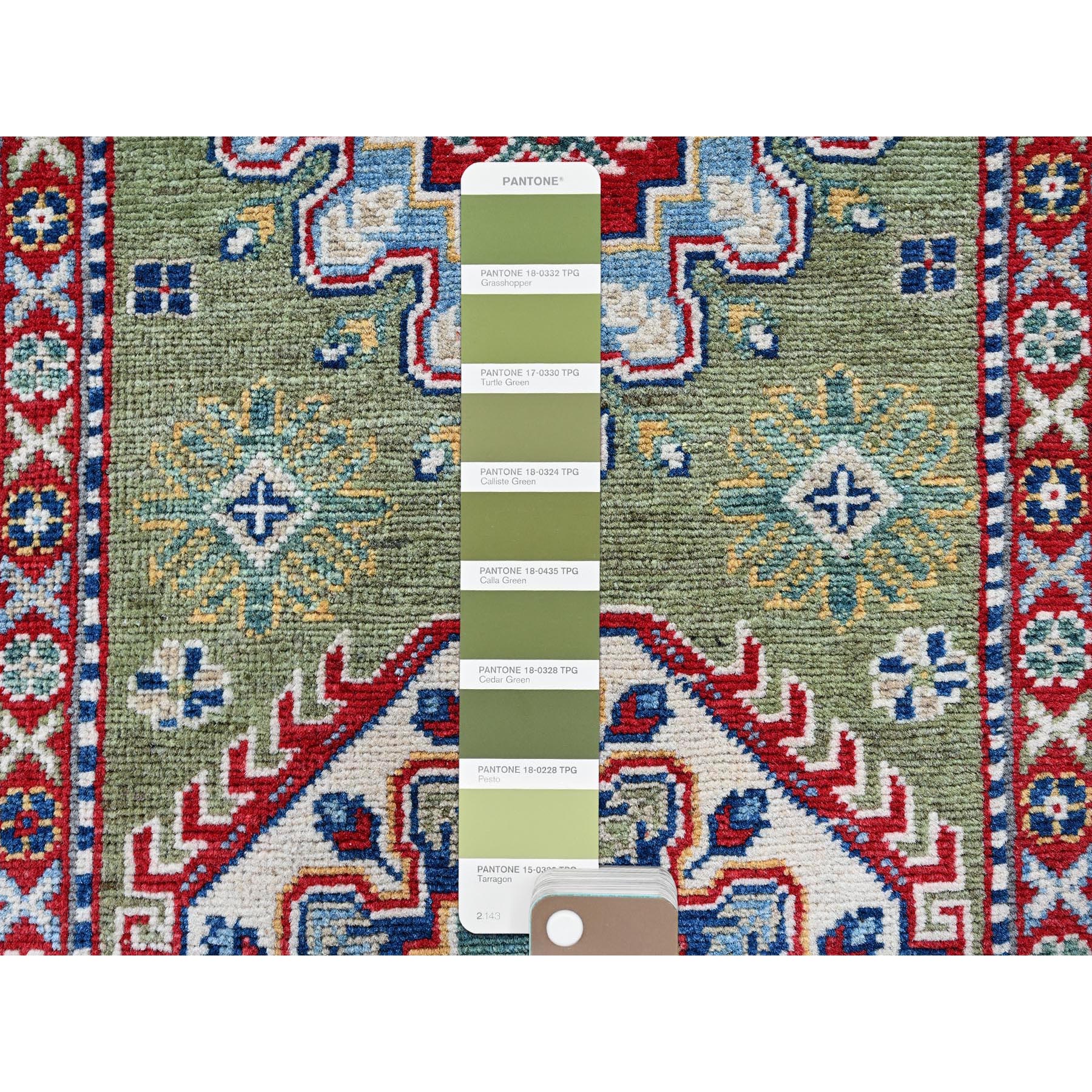 2'9"x12'9" Cedar Green, Kazak with Tribal Medallions Design, Hand Knotted, Soft and Velvety Wool, Denser Weave, Vegetable Dyes, Runner, Oriental Rug HR541 - Image 4