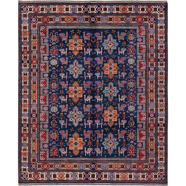 8'4"x9'6" Navy Blue, Afghan Ersari with Turkish Knot, Caucasian Design Revival, Ancient Bird Figurines, Hand Knotted, 100% Wool, Vegetable Dyes, Oriental Rug HR555