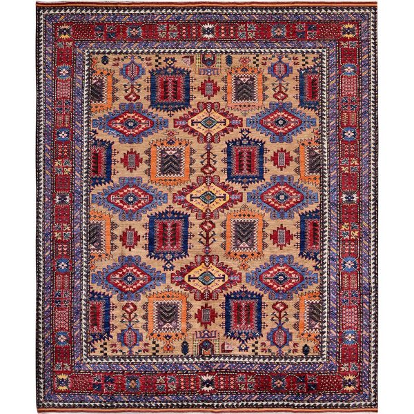 8'3"x9'9" Beige, Afghan Ersari with Turkish Knot, Caucasian Design Revival, Vegetable Dyes, Hand Knotted, Soft and Velvety Wool, Densely Woven, Oriental Rug HR557