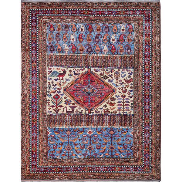 8'6"x10'8" Alabaster White, Hand Knotted, Afghan Ersari with Turkish Knot, Caucasian Design Revival, Ancient Bird Figurines, Vegetable Dyes, 100% Wool, Oriental Rug HR559