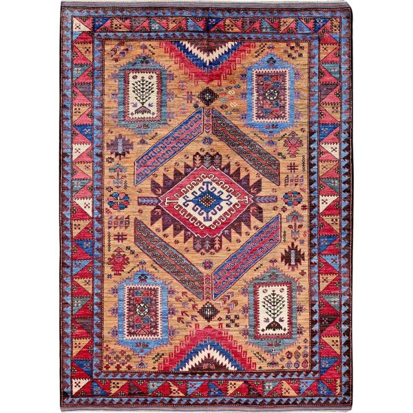 6'1"x8'4" Ochre Brown, Afghan Ersari with Turkish Knot, Caucasian Design Revival, Densely Woven, Vegetable Dyes, Hand Knotted, 100% Wool, Oriental Rug HR562
