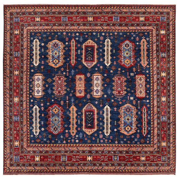 10'2"x10'2" Yale Blue, Afghan Ersari with Turkish Knot, Caucasian Design Revival, Vegetable Dyes, Hand Knotted, Soft and Vibrant Wool, Square, Oriental Rug HR566