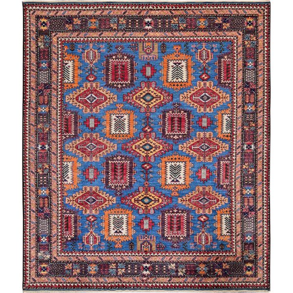 8'3"x9'6" Bayern Blue, Afghan Ersari with Turkish Knot, Caucasian Design Revival, Vegetable Dyes, Densely Woven, Hand Knotted, 100% Wool, Oriental Rug HR567
