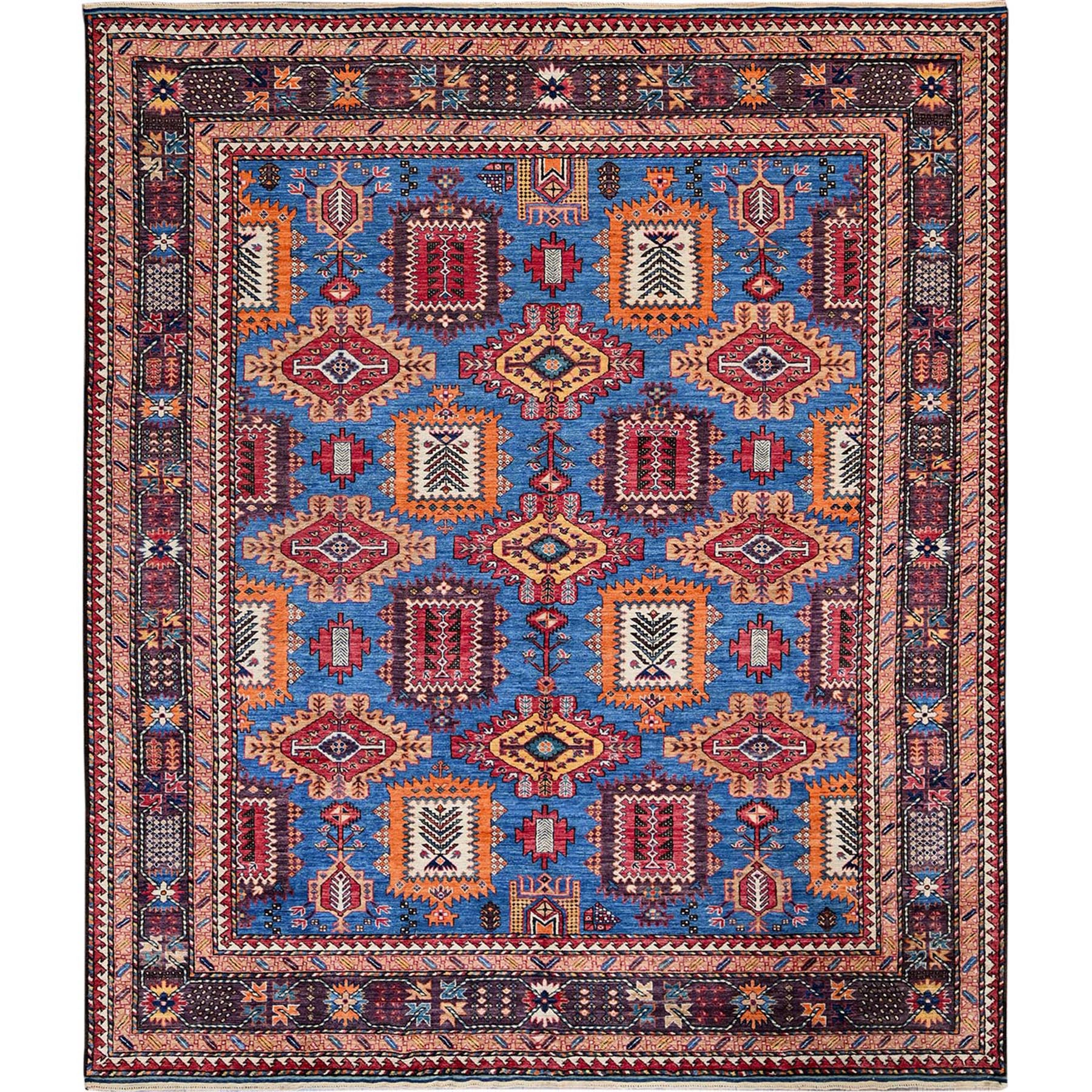 8'3"x9'6" Bayern Blue, Afghan Ersari with Turkish Knot, Caucasian Design Revival, Vegetable Dyes, Densely Woven, Hand Knotted, 100% Wool, Oriental Rug HR567
