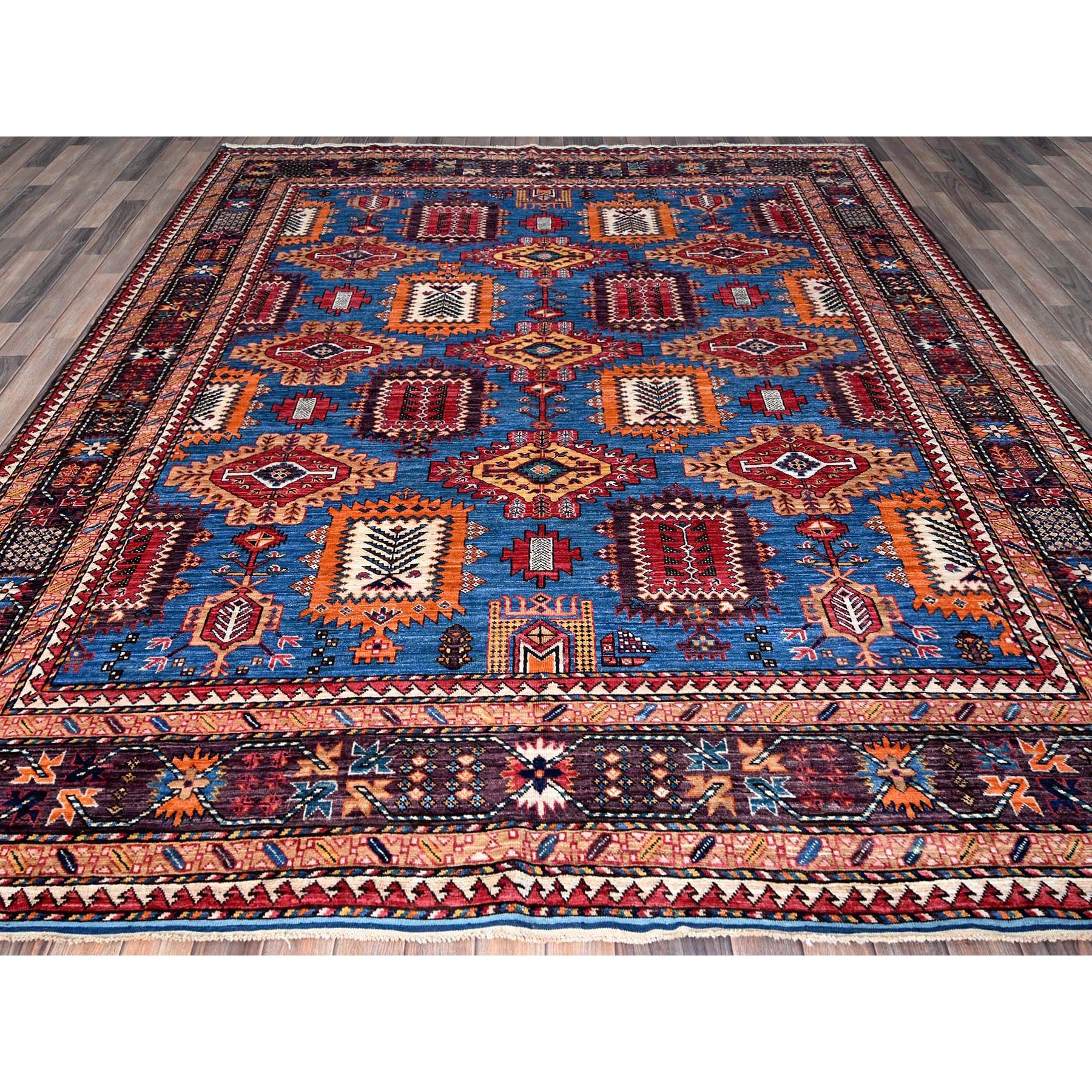 8'3"x9'6" Bayern Blue, Afghan Ersari with Turkish Knot, Caucasian Design Revival, Vegetable Dyes, Densely Woven, Hand Knotted, 100% Wool, Oriental Rug HR567 - Image 3