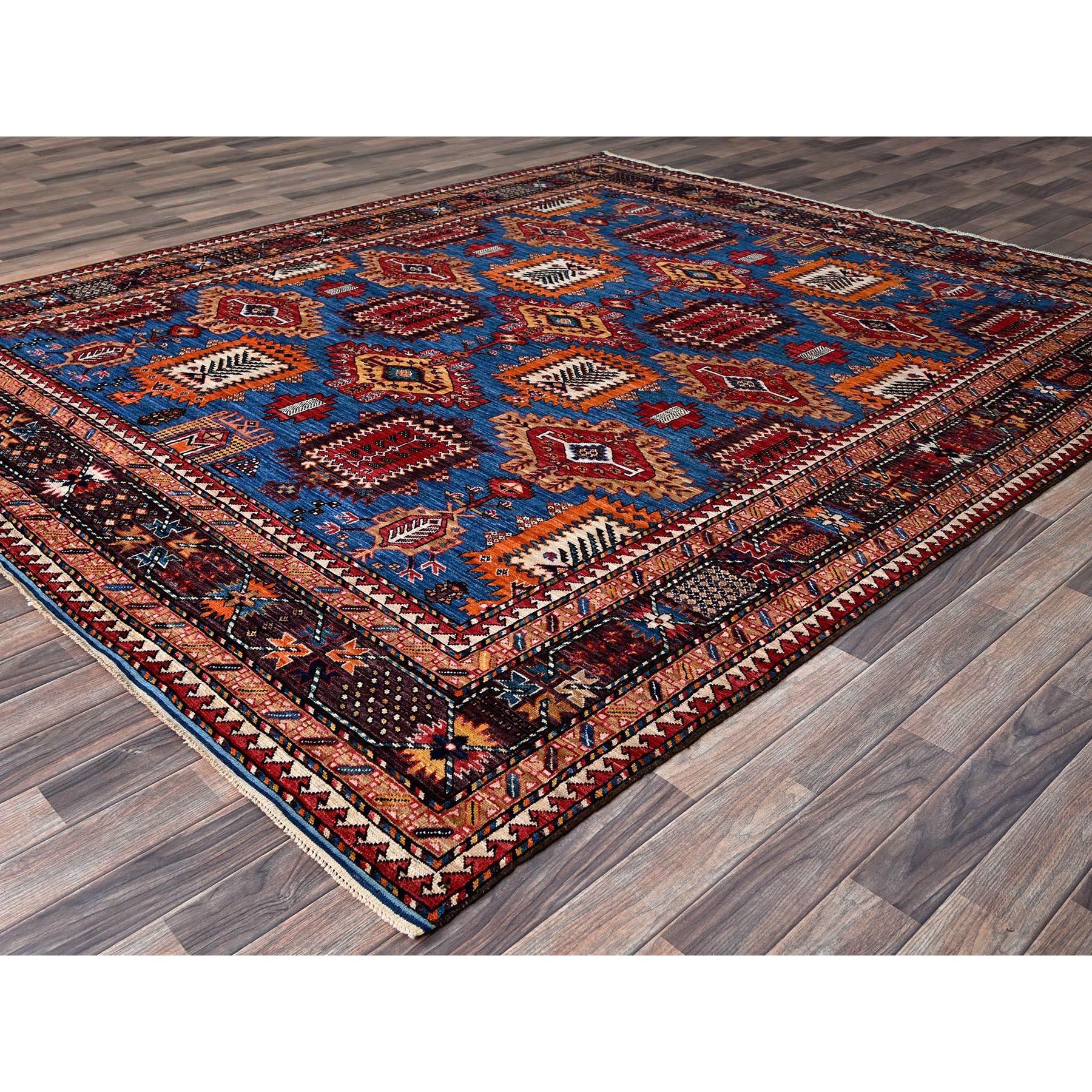 8'3"x9'6" Bayern Blue, Afghan Ersari with Turkish Knot, Caucasian Design Revival, Vegetable Dyes, Densely Woven, Hand Knotted, 100% Wool, Oriental Rug HR567 - Image 4