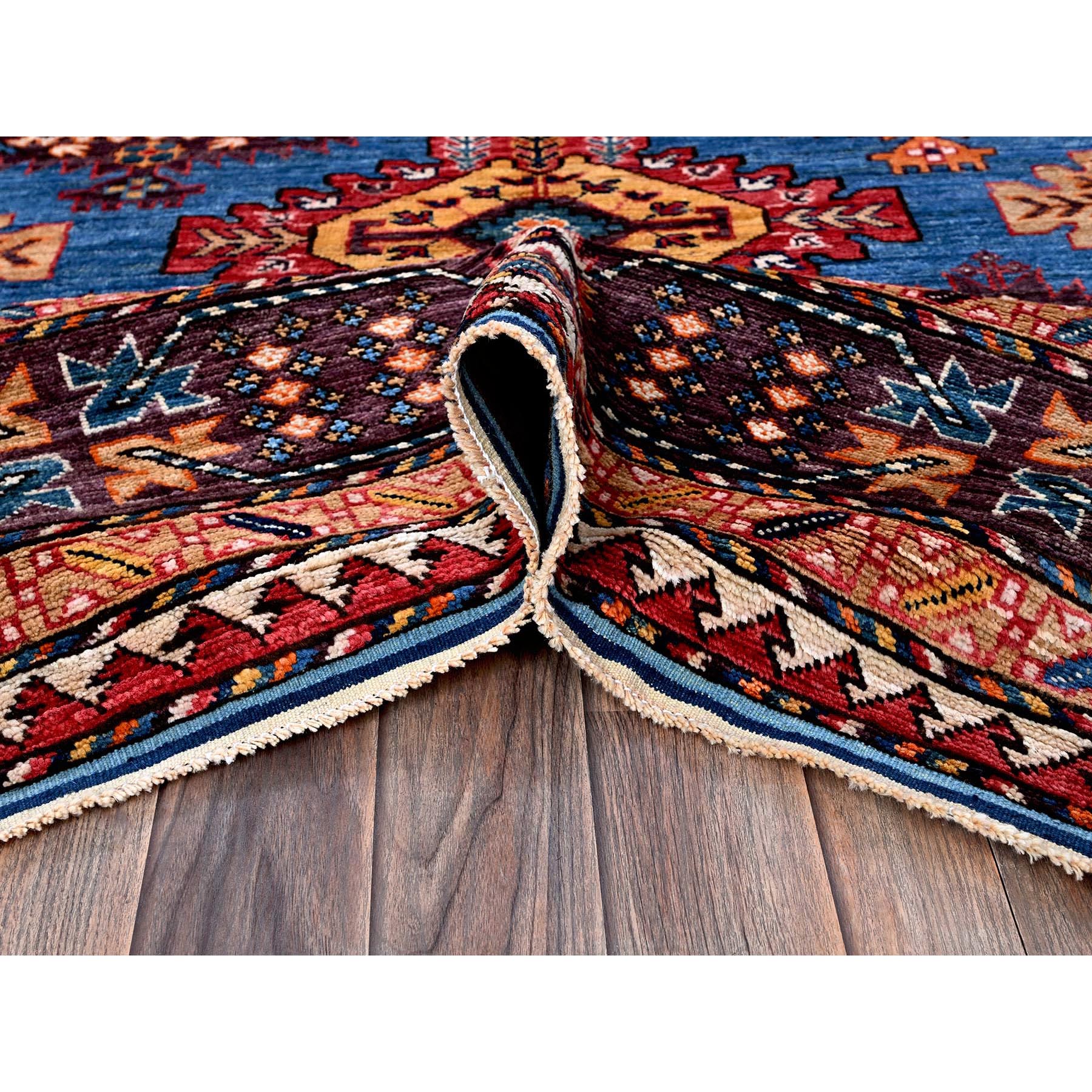 8'3"x9'6" Bayern Blue, Afghan Ersari with Turkish Knot, Caucasian Design Revival, Vegetable Dyes, Densely Woven, Hand Knotted, 100% Wool, Oriental Rug HR567 - Image 6