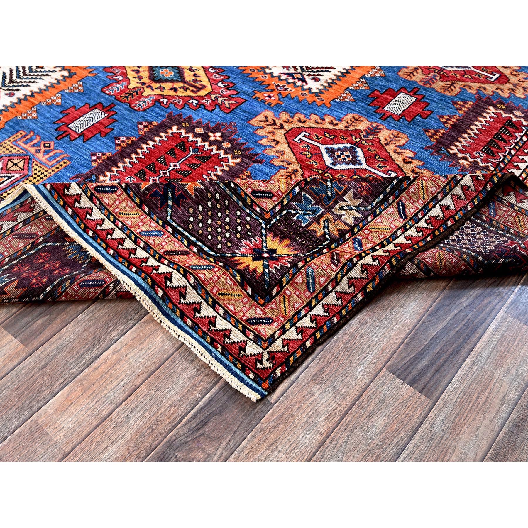 8'3"x9'6" Bayern Blue, Afghan Ersari with Turkish Knot, Caucasian Design Revival, Vegetable Dyes, Densely Woven, Hand Knotted, 100% Wool, Oriental Rug HR567 - Image 7